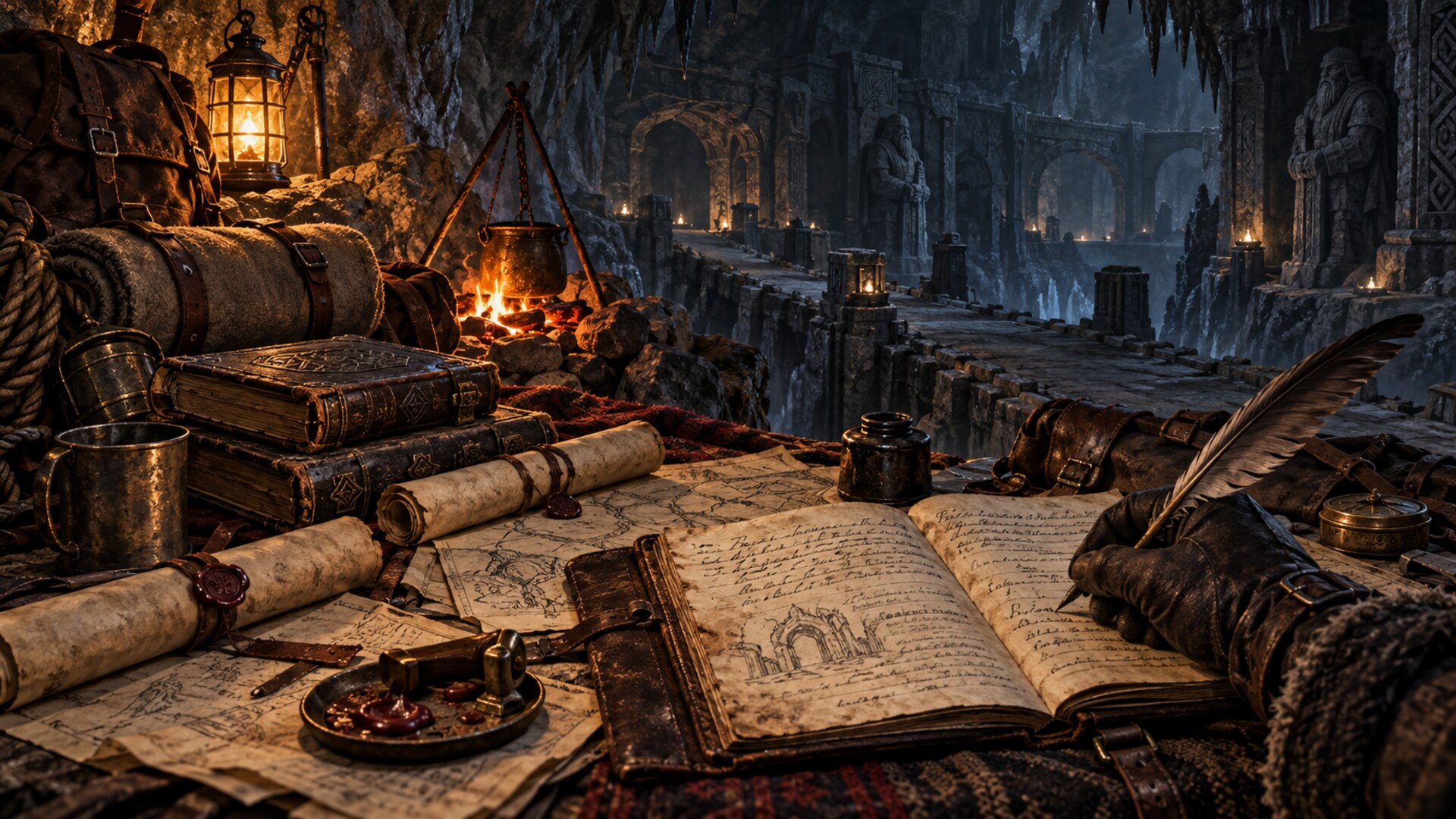 Travel-worn journals, sealed scrolls, maps and a quill arranged beside a small campfire on an ancient underground road