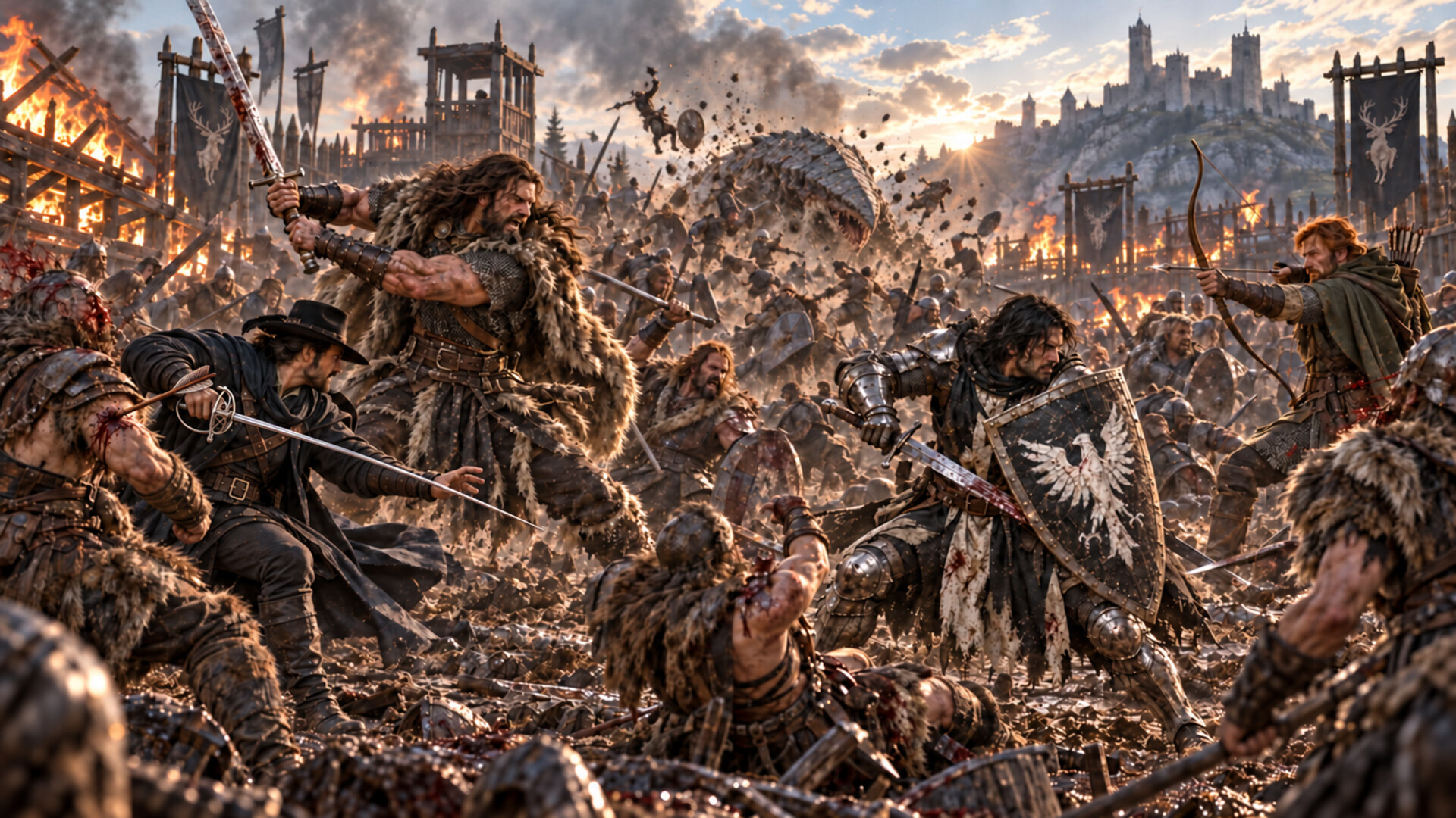 Asuran, Halen, Karl and Toby fight invading barbarians while a Bulette attacks other combatants behind them in the burning Safehold