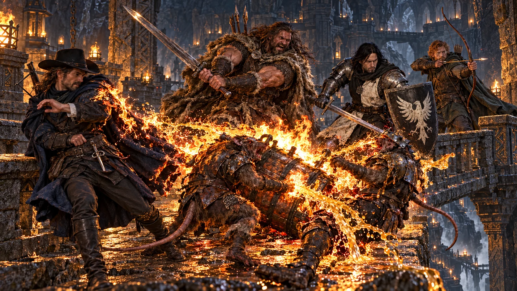 Ratmen alchemical barrel rupturing on the dwarven bridge