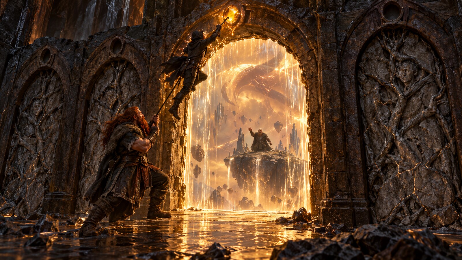 Asuran reaches for an amber gem above a liquid-glass portal while Halen holds him safely from below
