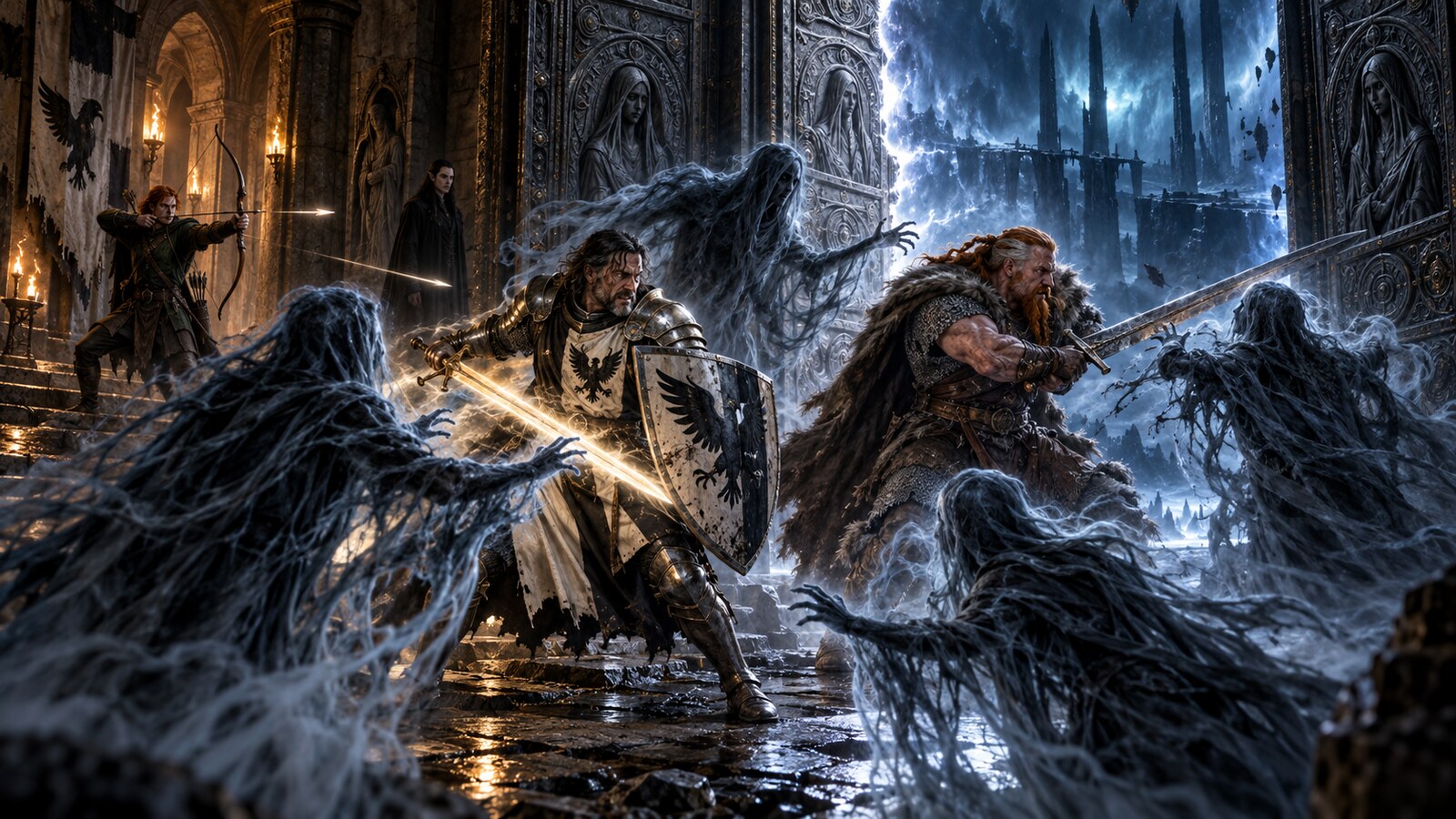 Karl and Halen fight four wraiths at forbidden doors while Toby fires from the corridor