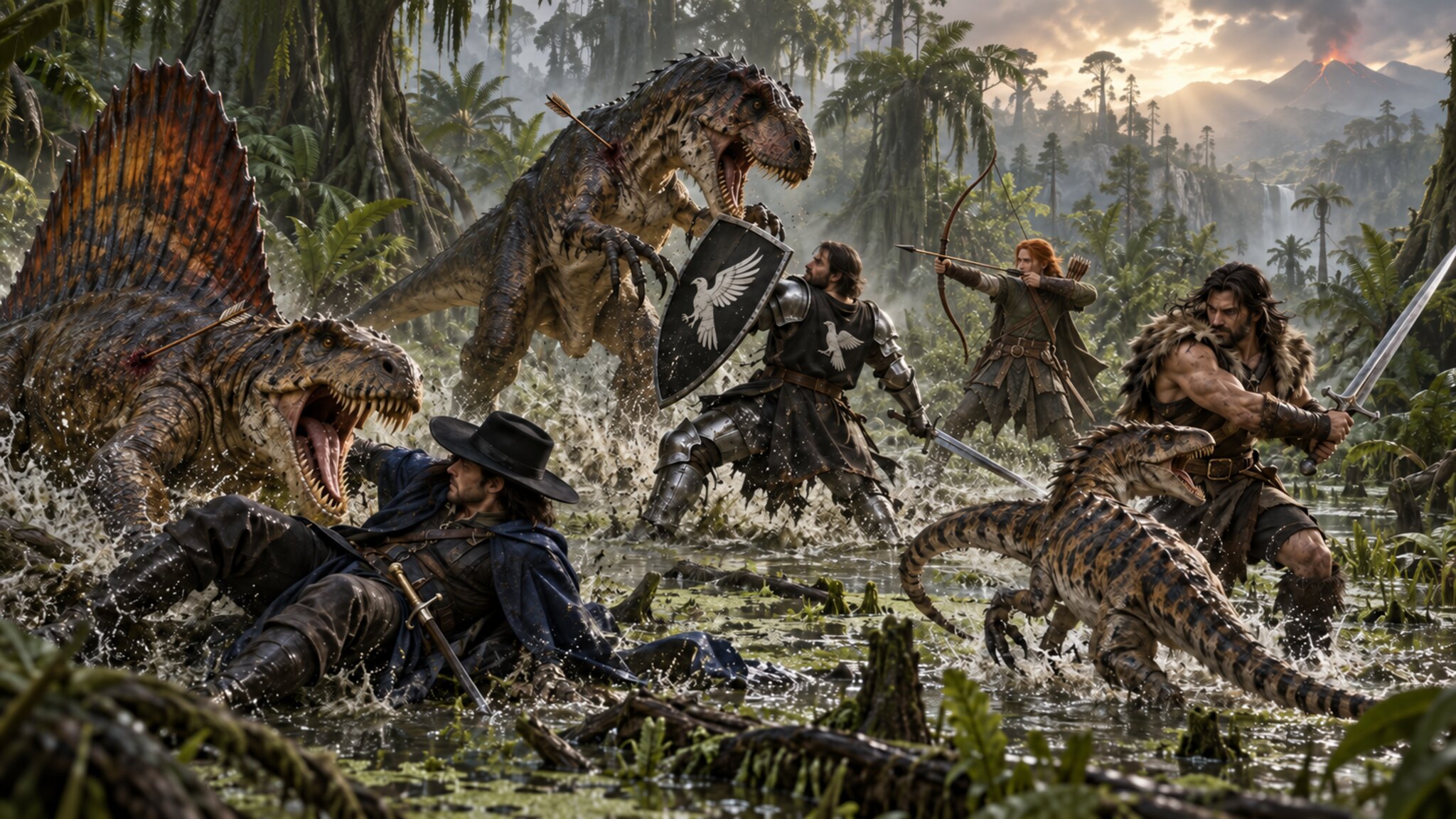 A sail-backed Dimetrodon attacks Asuran while a large theropod strikes Karl, a raptor rushes Halen and Toby fires from behind