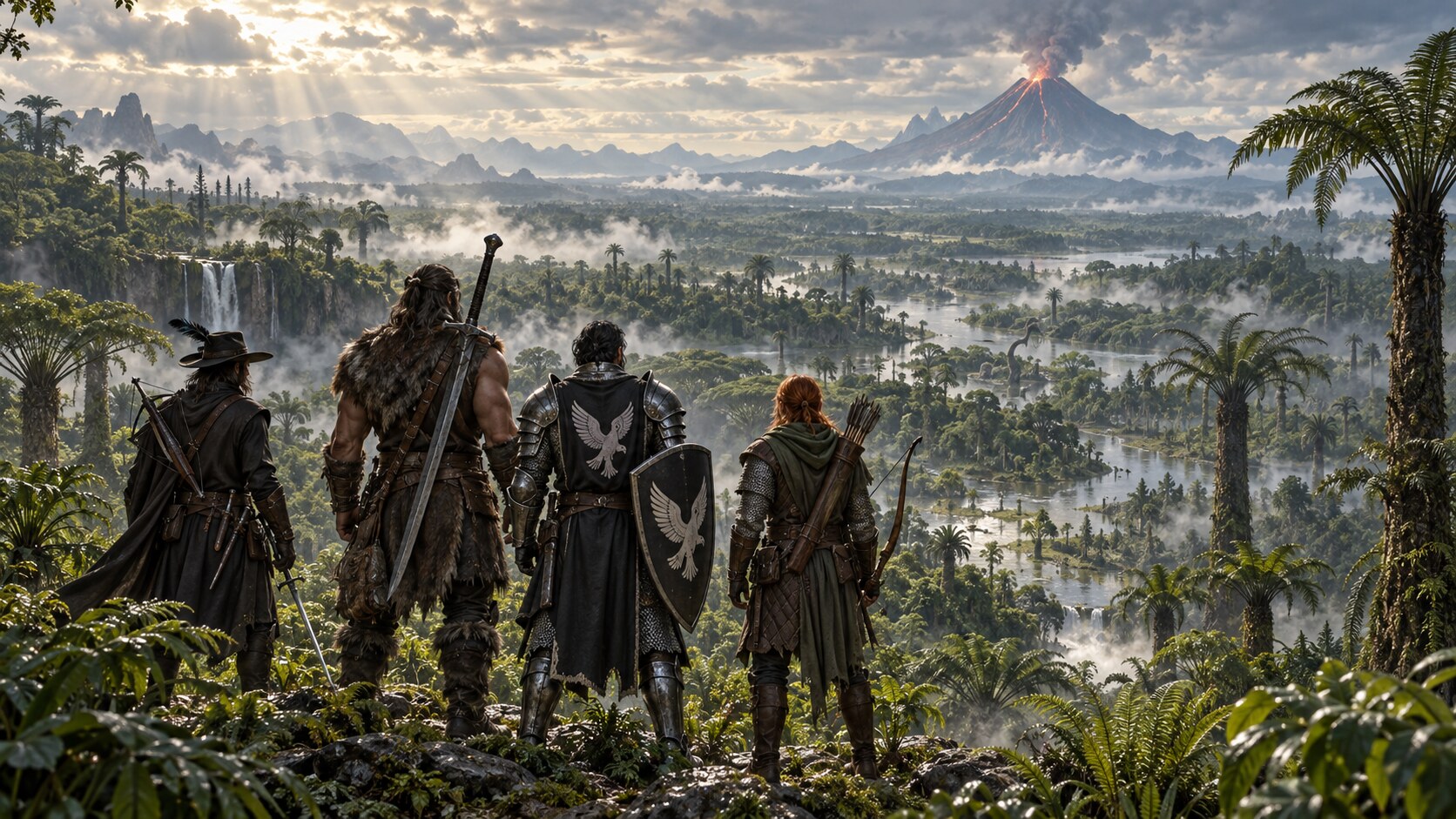 Four human adventurers stand together overlooking an open prehistoric jungle swamp with a distant volcano
