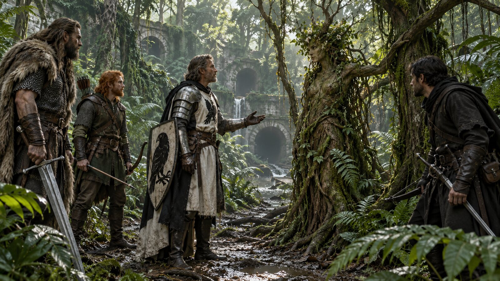 Four human adventurers negotiate with a bark-skinned dryad blocking a primeval jungle path