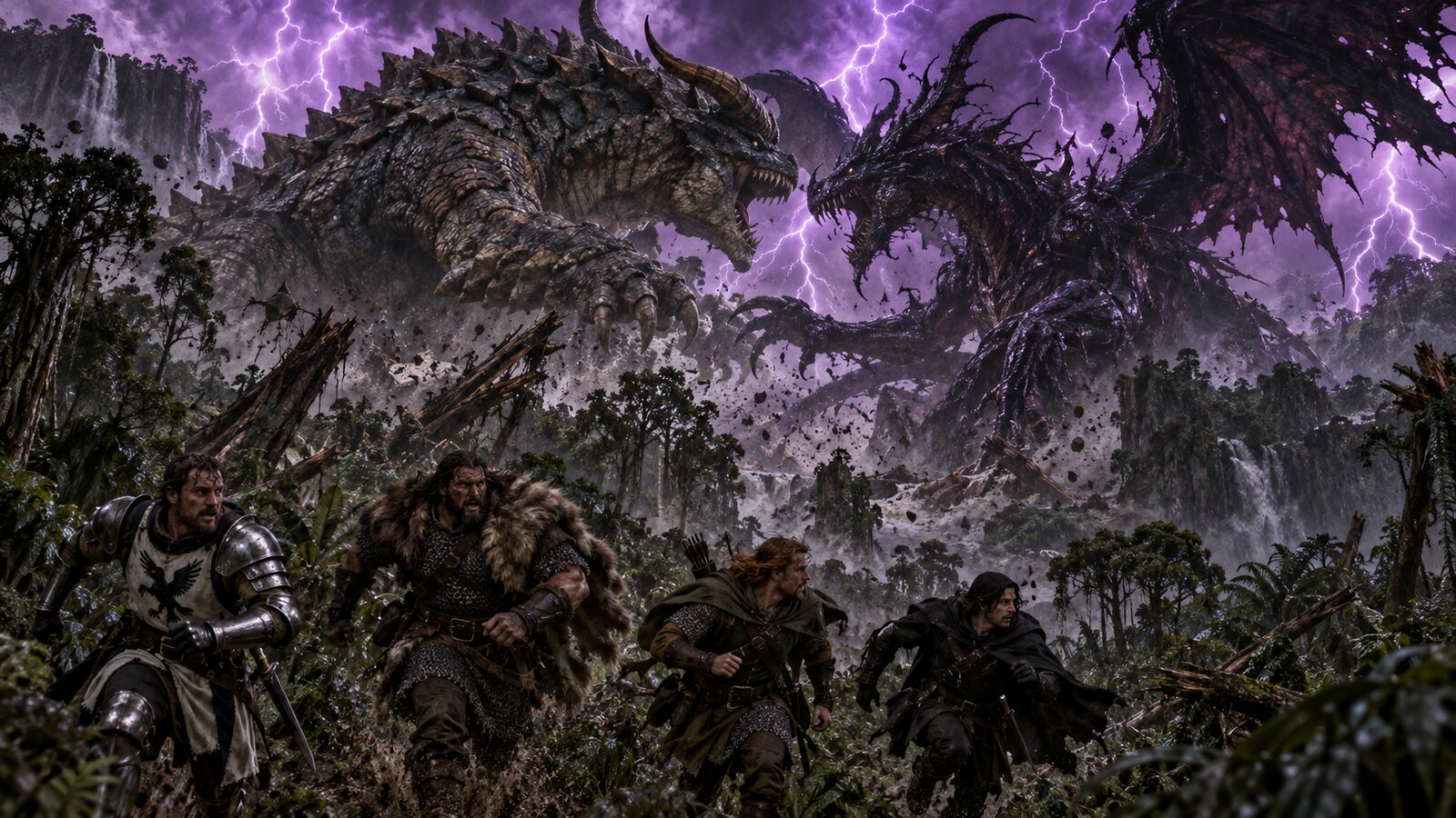 Utabo battles an unidentified dragon-demon titan beneath a purple storm while the party flees