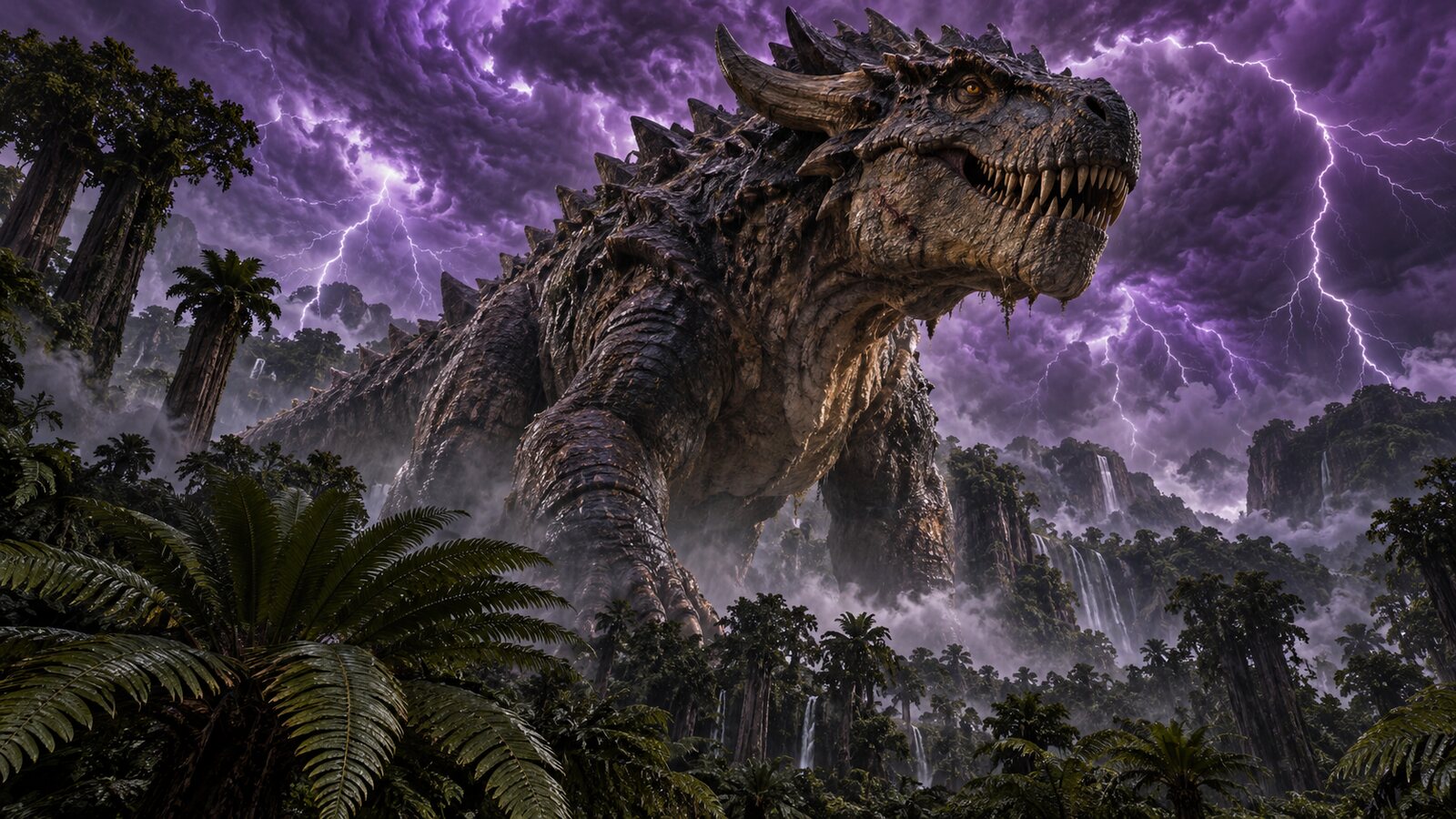 Utabo, a colossal dinosaur demigod, beneath a supernatural purple lightning storm