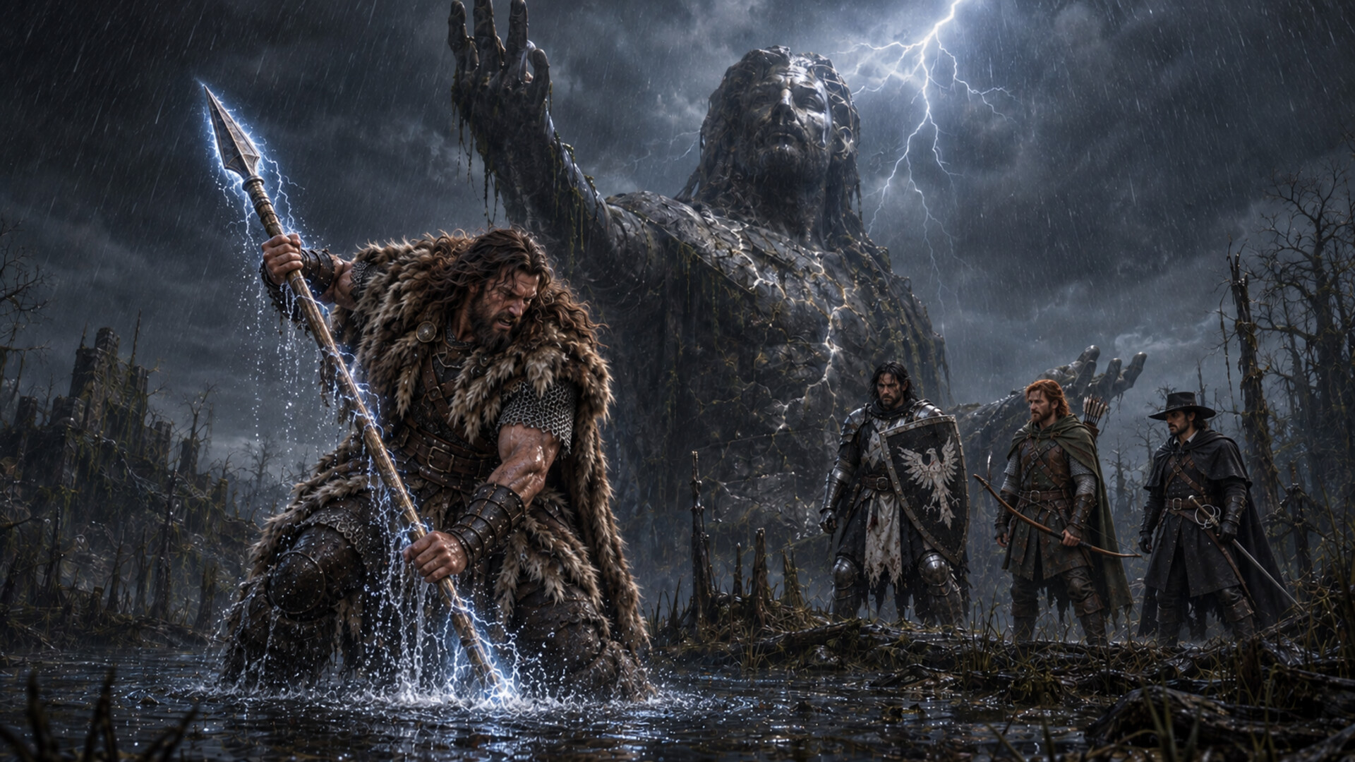 Halen pulls a bronze lightning-wreathed spear from the swamp beneath a colossal statue during a storm