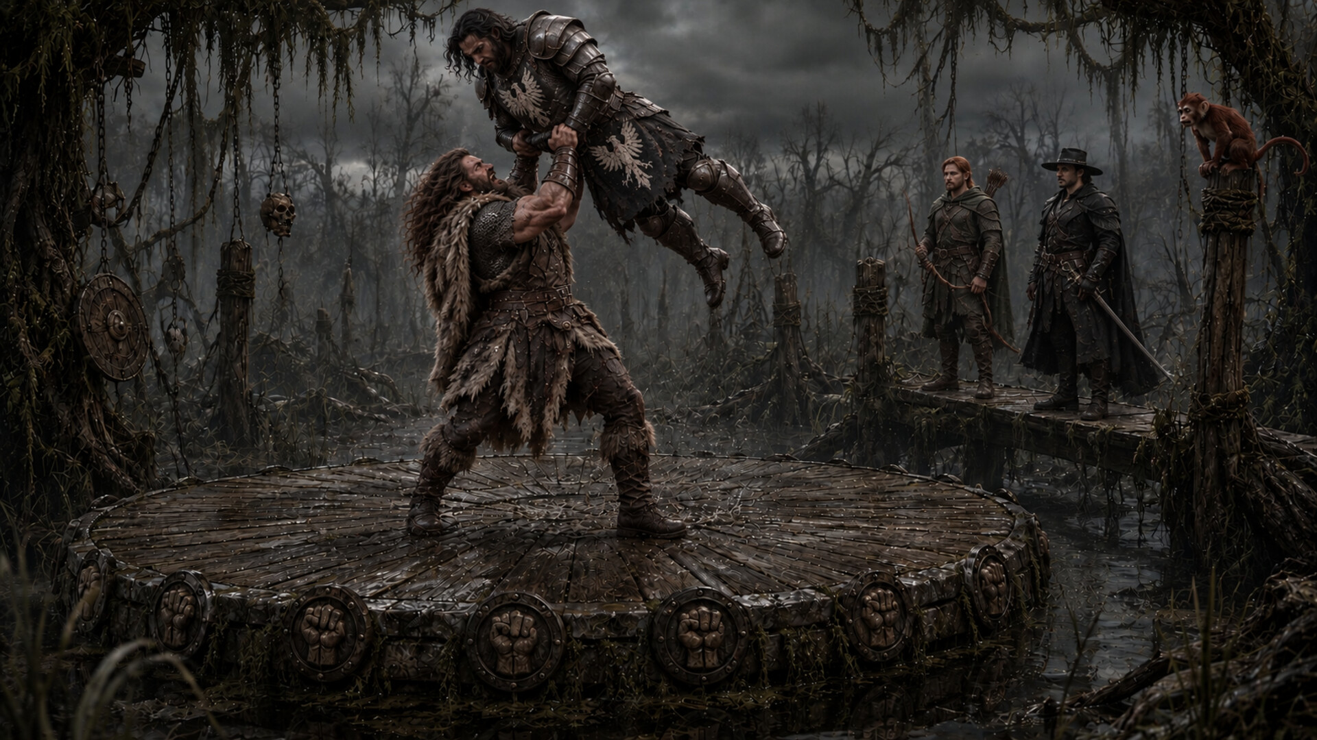 Halen lifts the armoured Karl from the circular wrestling platform while Toby, Asuran and the monkey judge watch