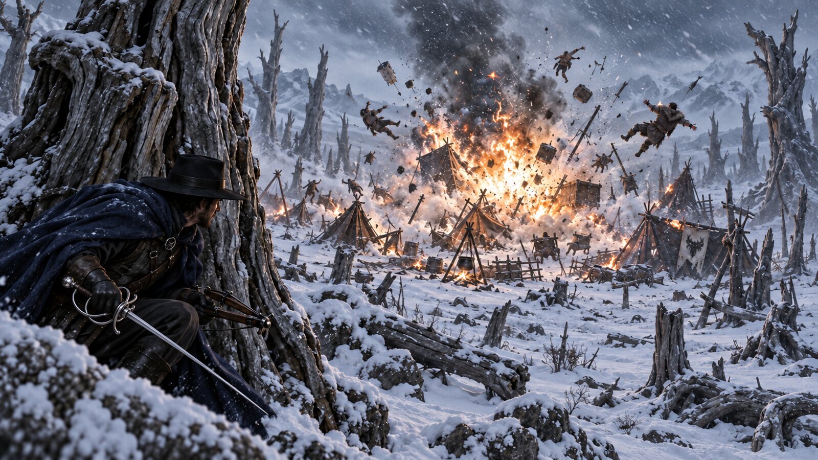 Asuran hides behind a petrified tree with a correctly formed rapier as a huge black-powder explosion scatters barbarians through a snowy wasteland camp