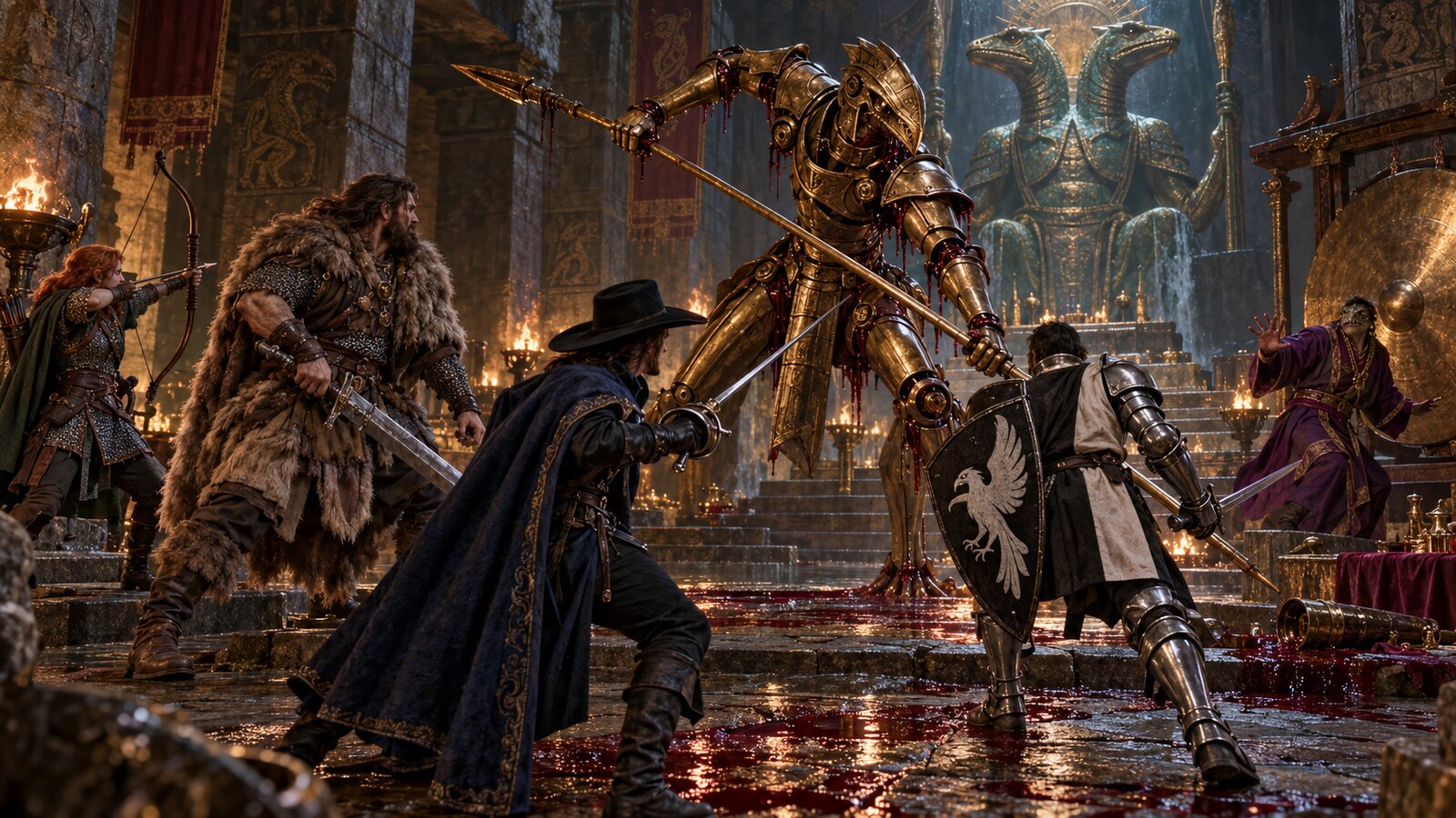 Four human adventurers confront a blood-powered brass guardian in the buried temple of a two-headed lizard god