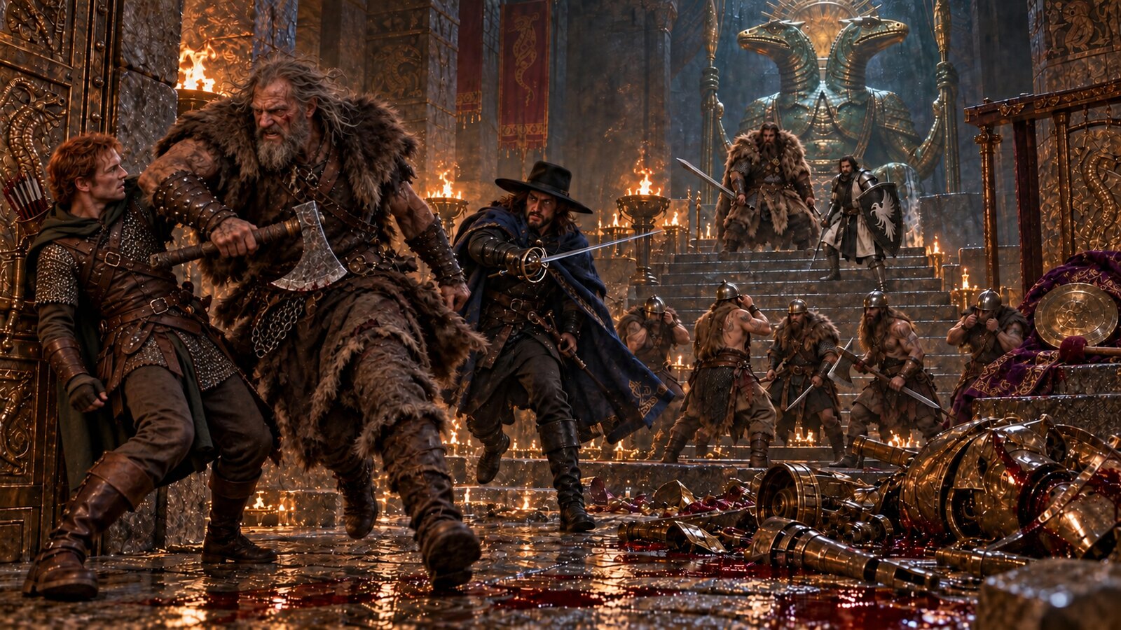 The grey-haired barbarian Gut Ripper barges past Toby with an axe as Asuran closes from the flank and five barbarians wait below the forbidden staircase