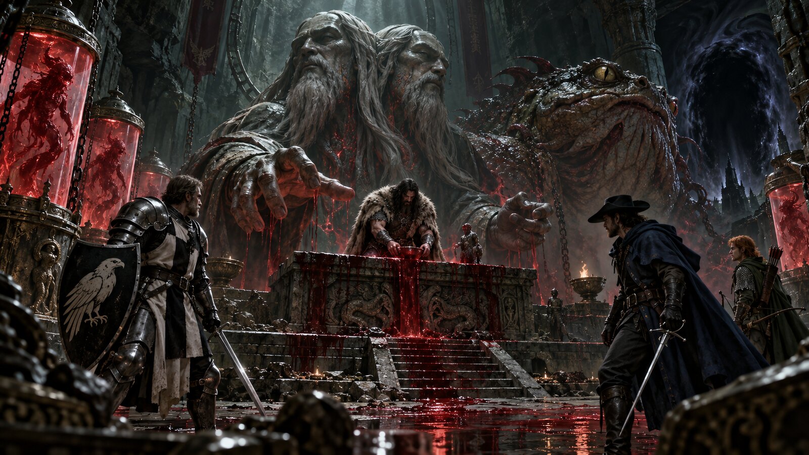 The two-headed avatar of Laogzed awakens above four human adventurers in a blood-lit subterranean temple