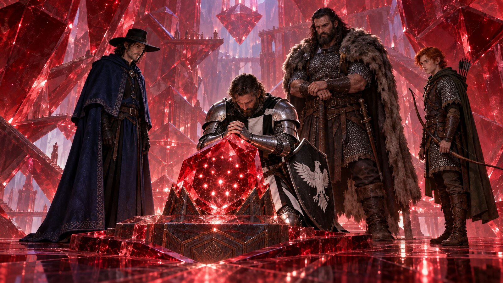 Karl and his companions work within the red divine gem