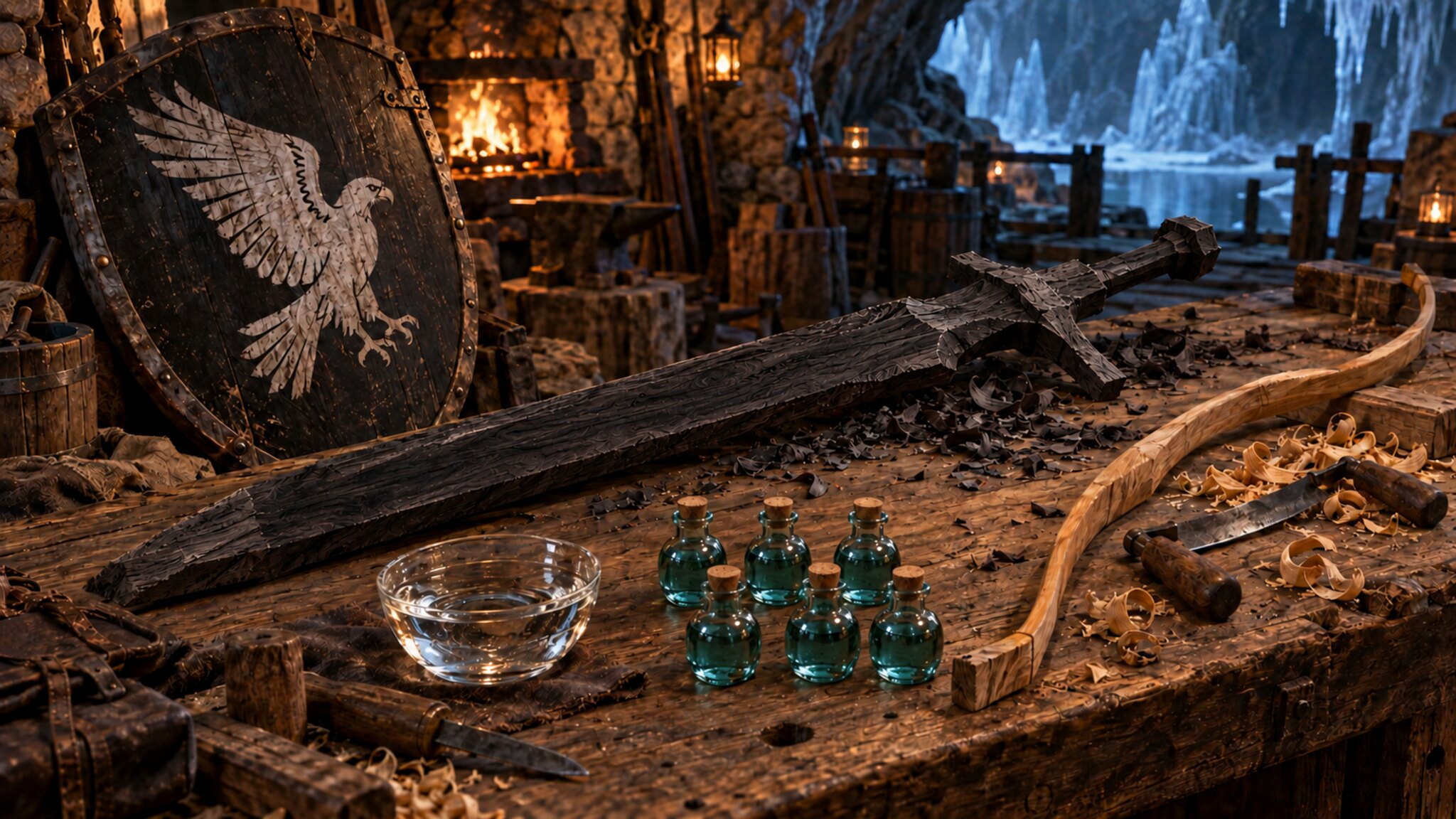An unfinished blackwood greatsword, falcon shield, unstrung bow, glacial water and six alchemical draughts on a workshop table