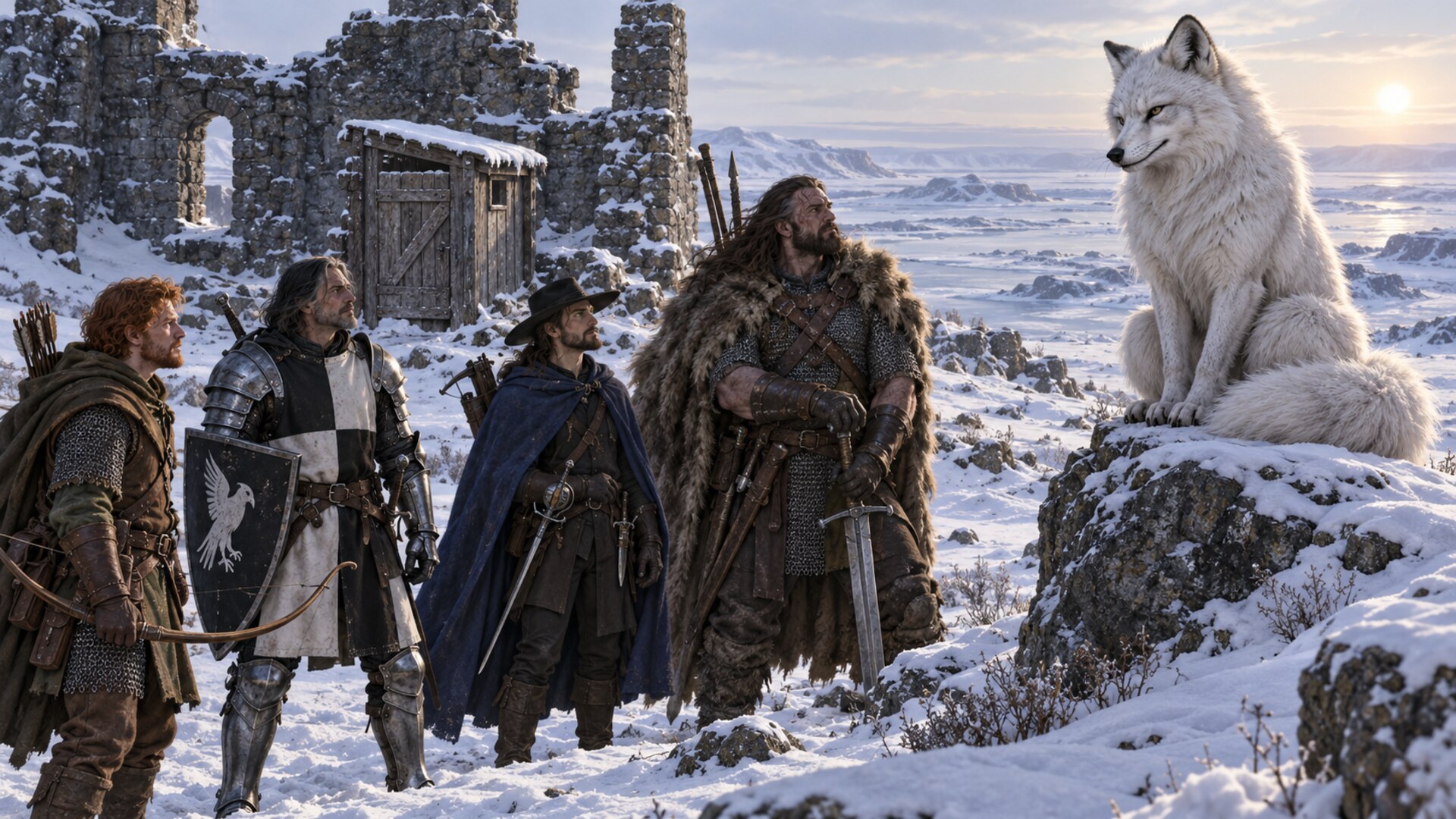 Four male adventurers confront Sebastian, a powerful white Arctic werefox, outside the hidden refuge