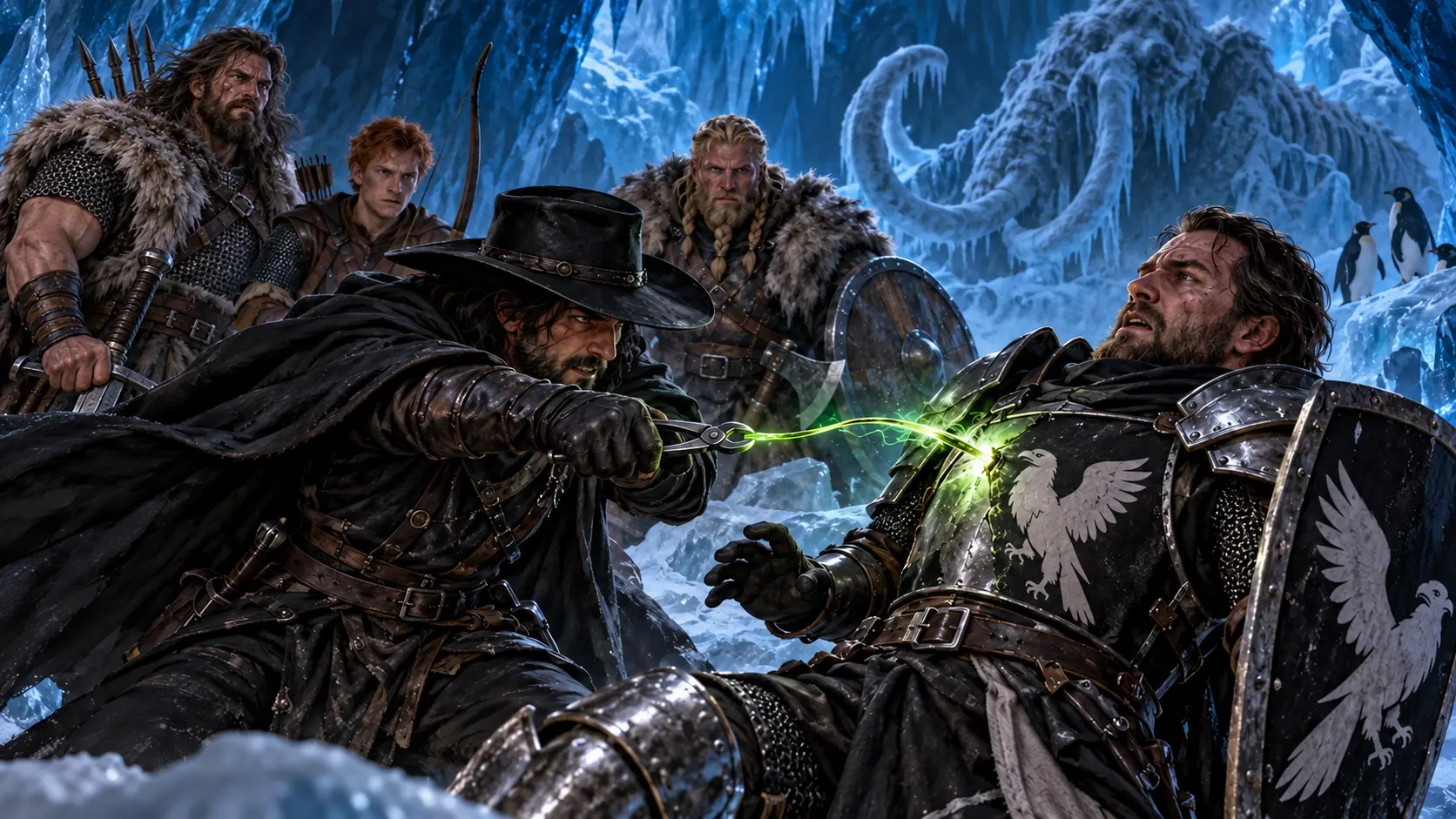 Asuran pulls a self-propelled green fragment from Karl’s armour using pliers