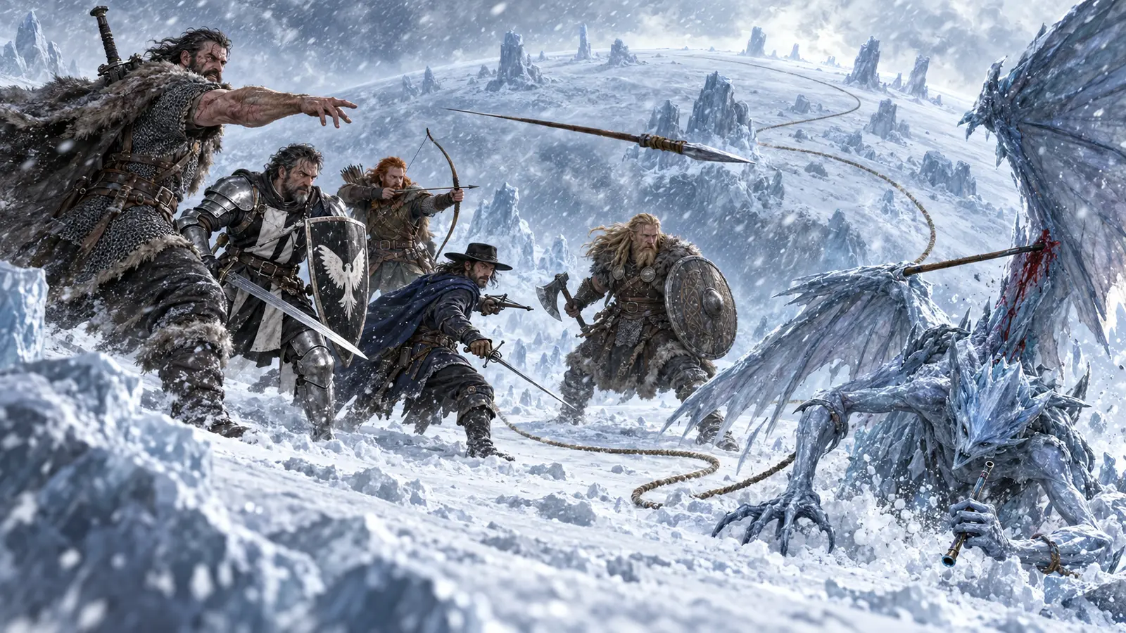 Five human adventurers fight a large ice mephit in a blizzard while their rope curves around the looping frozen horizon