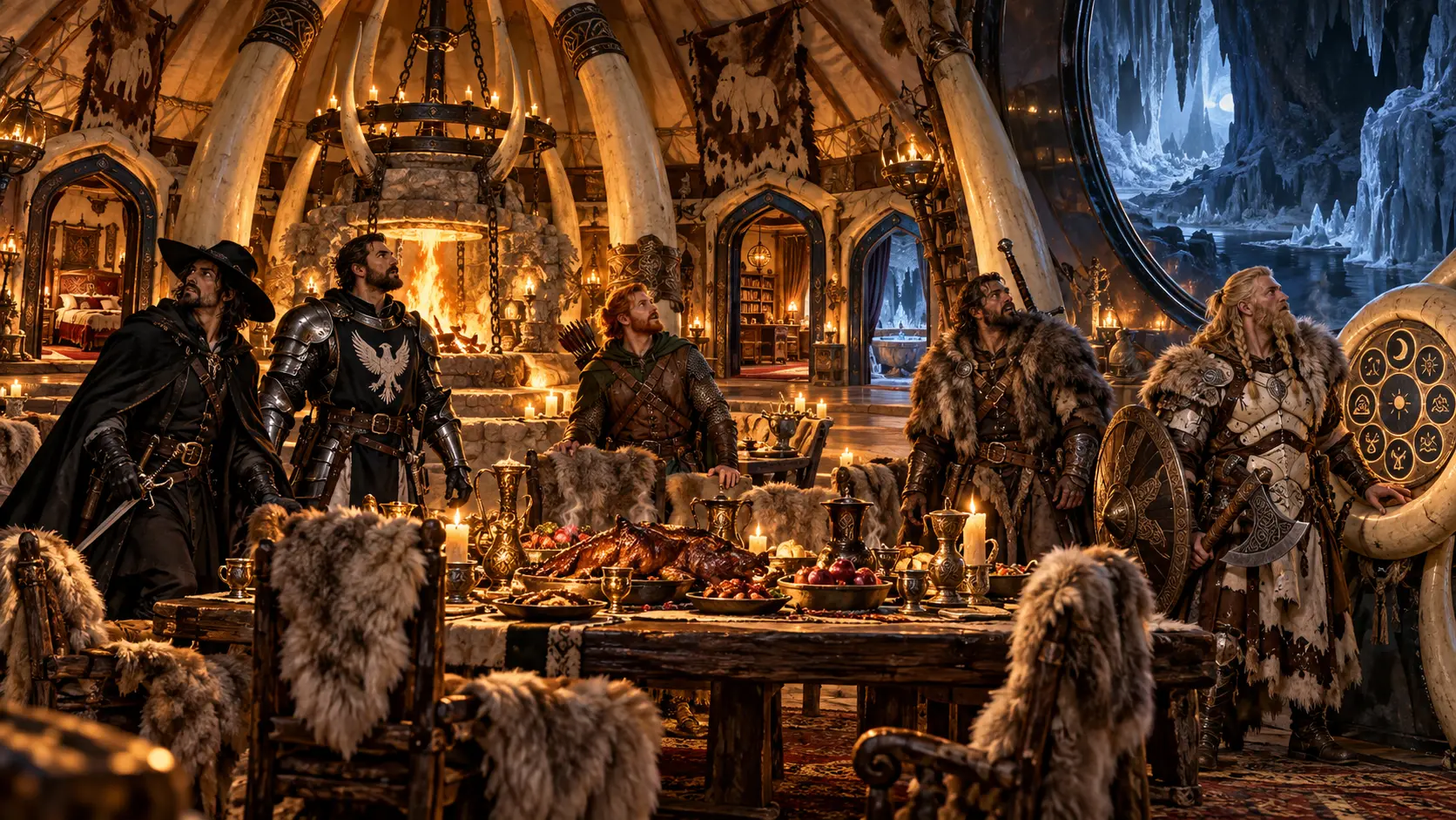 Five human adventurers stand around a magical feast inside an impossibly large mammoth-hide lodge with tusk supports, dimensional rooms and a viewing portal onto the ice cavern