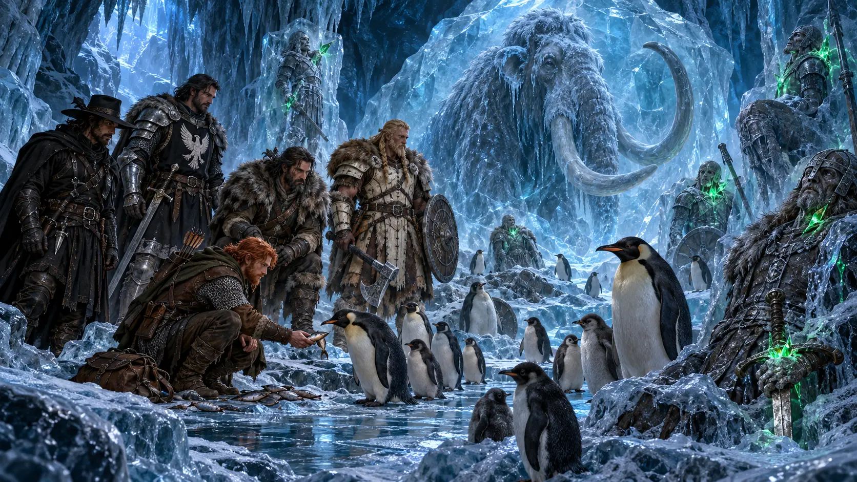 Toby feeds penguins beneath a frozen mammoth while the party explores the lower cavern