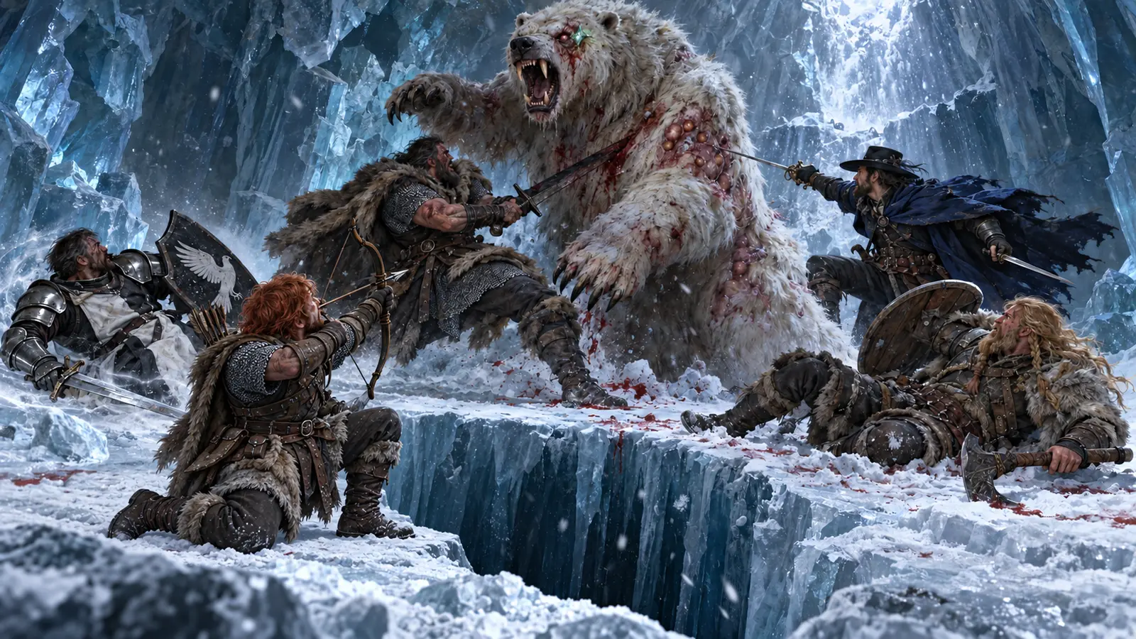 A diseased dire polar bear with a green shard battles the party while Toby kneels at the edge of an ice pit