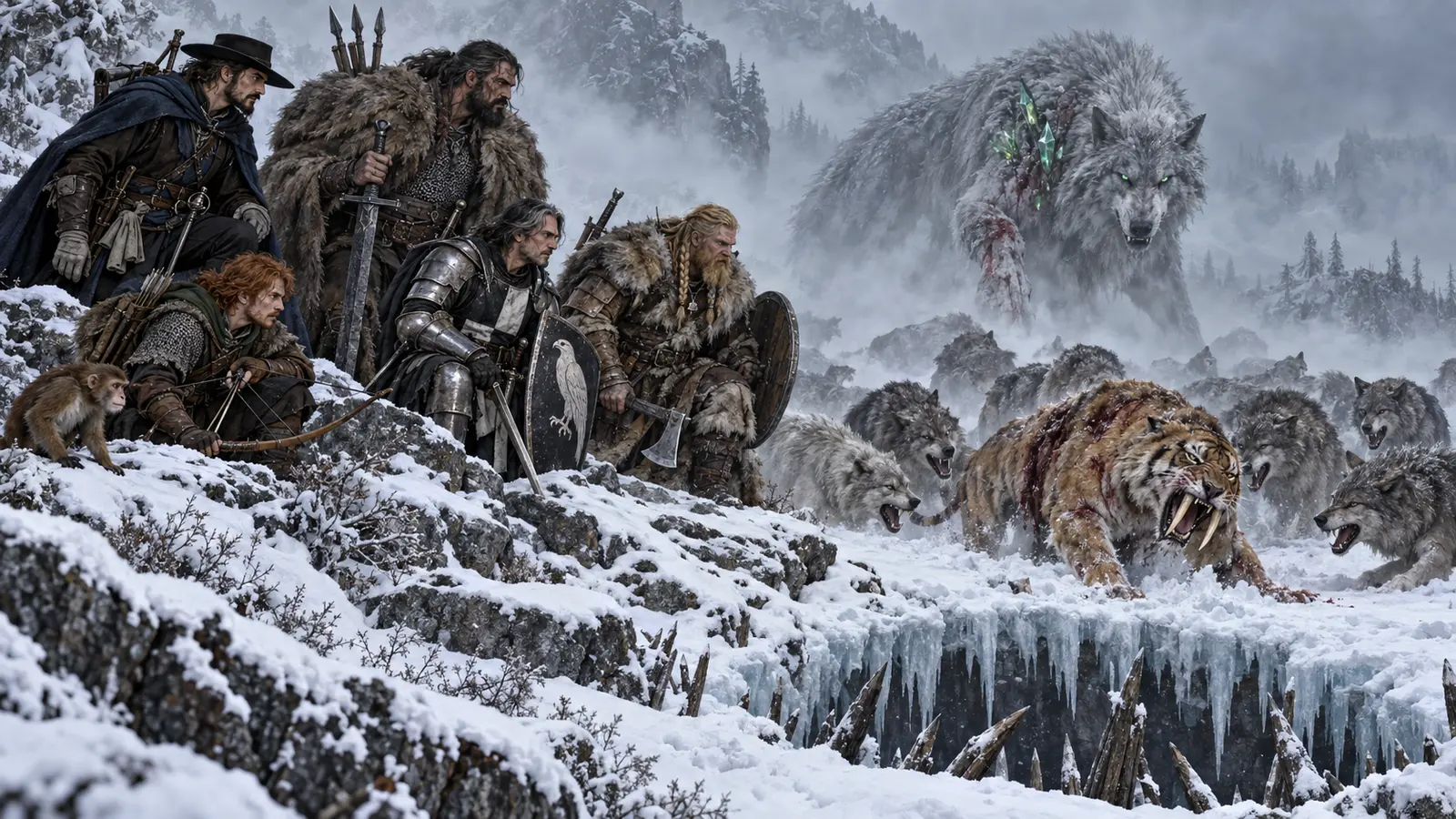 A wolf pack in freezing fog