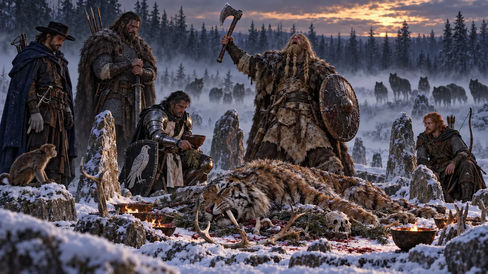 Tanner, a blond human warrior-priest in mammoth-hide plate and furs, raises his axe and round shield above the sabre-toothed tiger offering while the party and distant wolves watch
