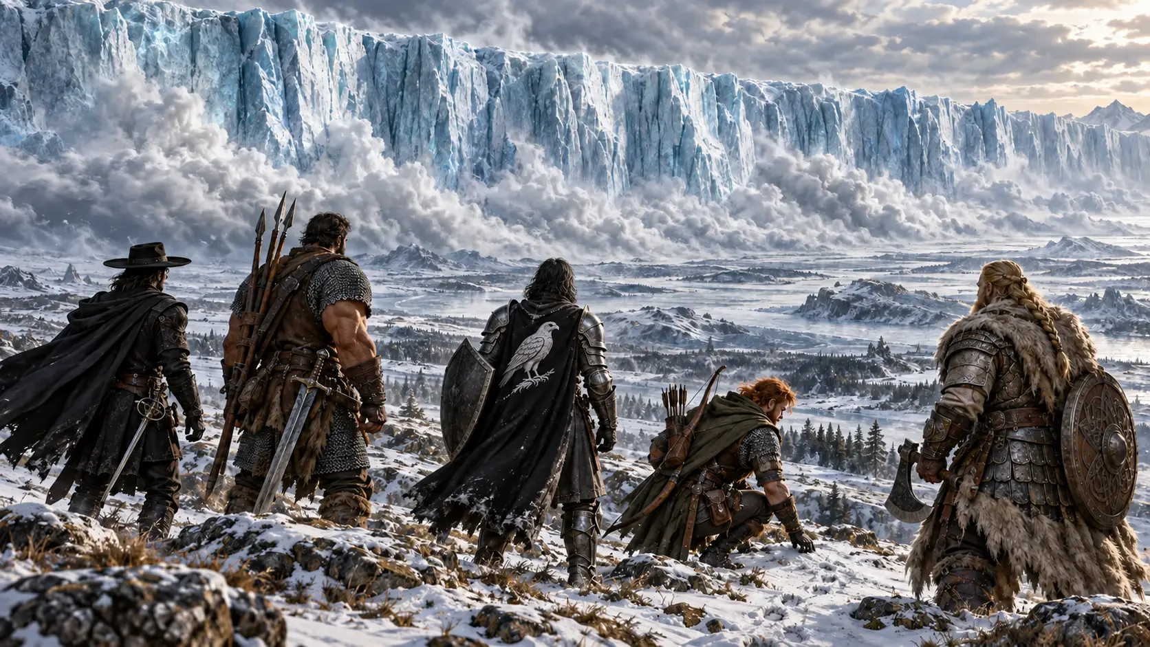 The five adventurers look across the wilderness at an immense wall of ice advancing south