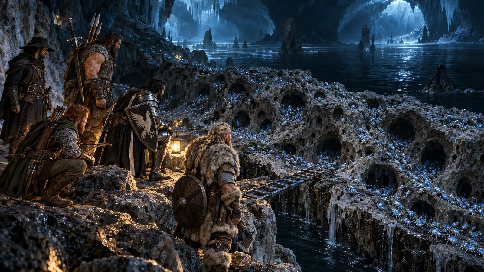 The five adventurers overlook black subterranean salt water beyond a rock formation filled with thousands of tiny blue frost beetles