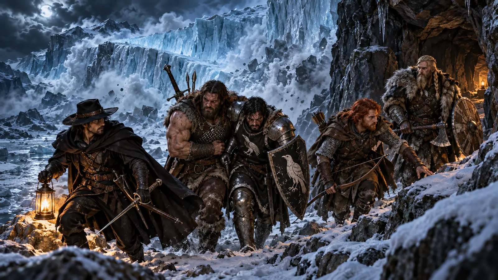 The five human adventurers race towards a narrowing rocky pass while a supernatural glacier crushes the landscape behind them