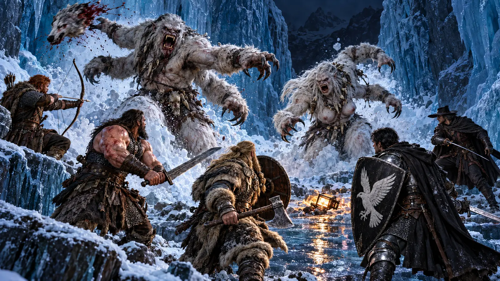 Halen, Tanner, Karl, Toby and Asuran battle two four-armed white winter ogrelons inside a reflective ice pass