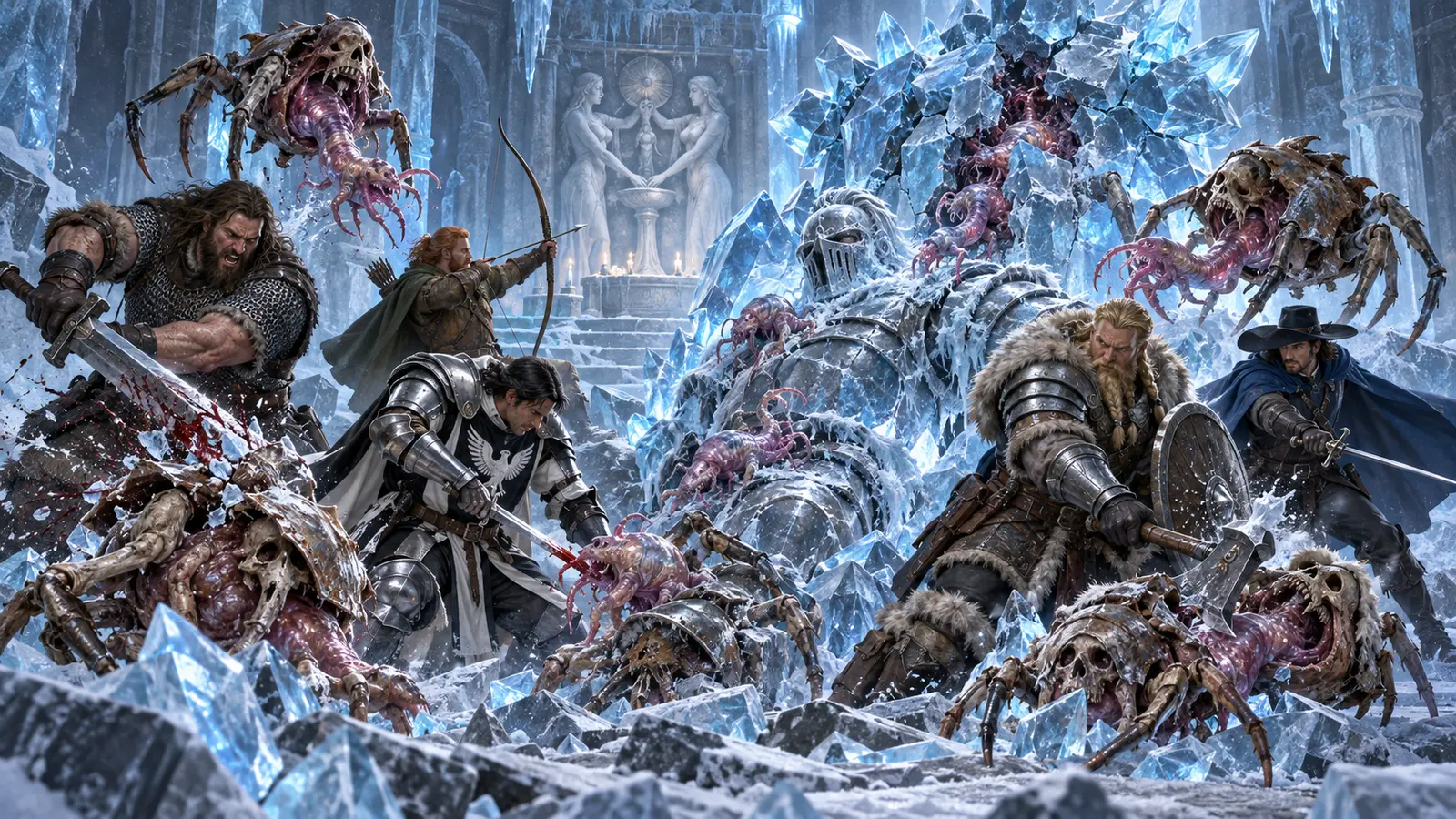 The party defends a frozen winter knight as crystal parasites emerge from corpse shells beside an ice-bound crystal golem