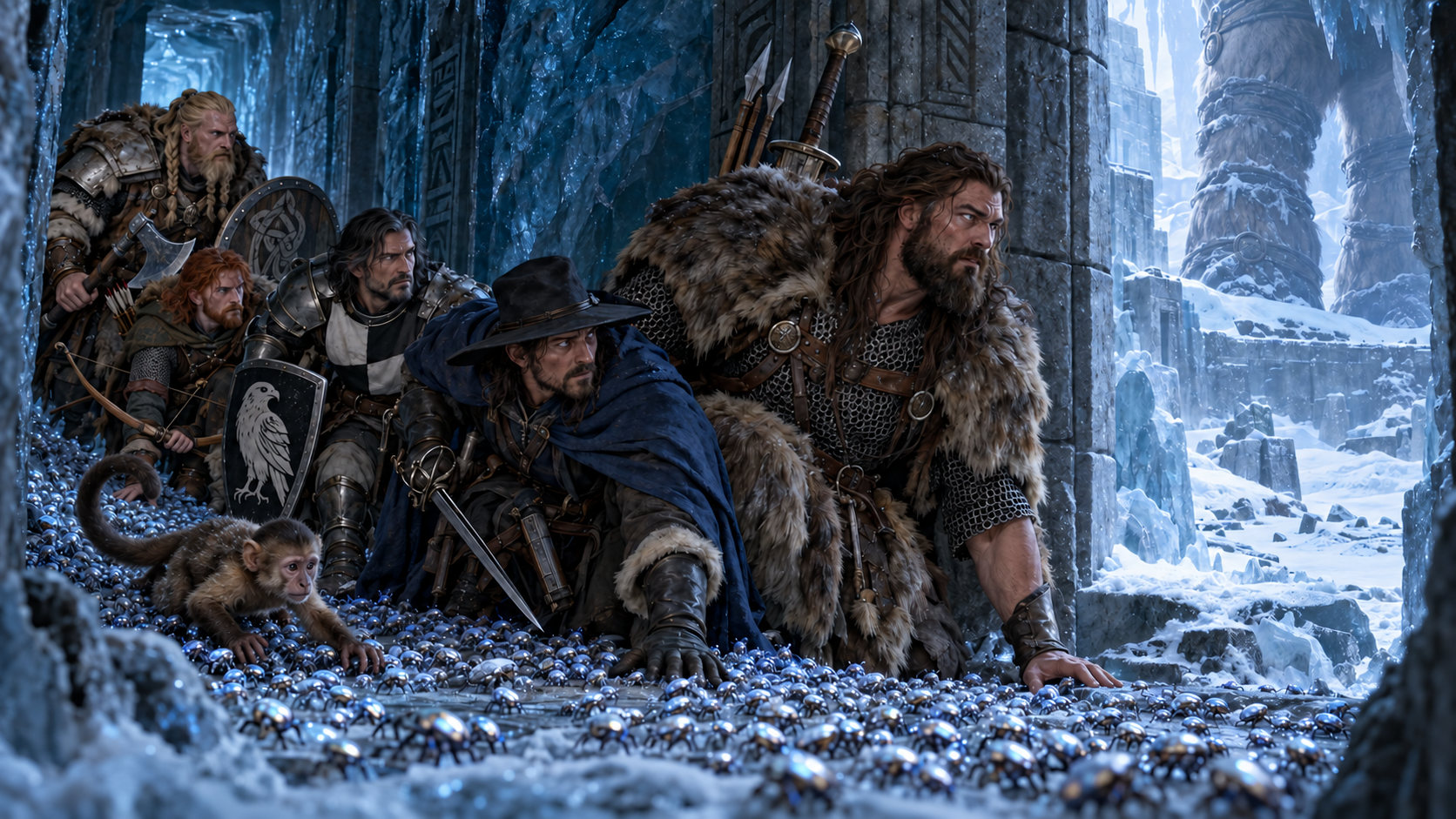 The five human adventurers emerge through frost beetles into an ancient defensive wall buried by the glacier