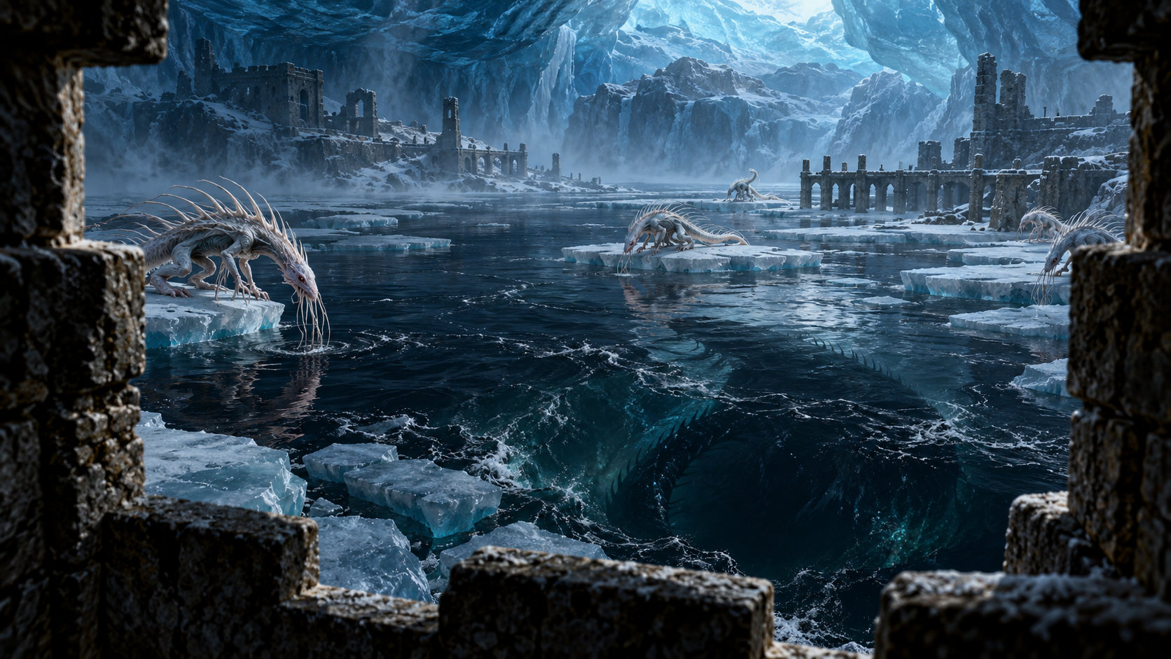 Sea Gricks use the ice floes above a dark flooded valley
