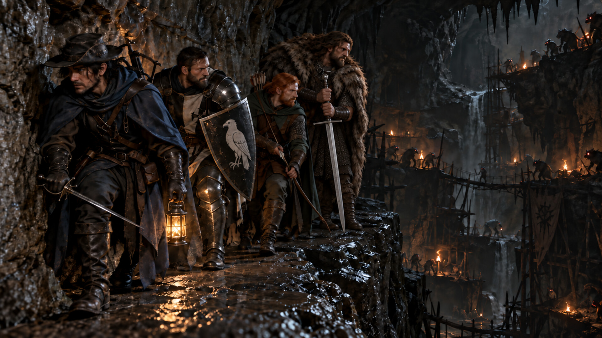 Asuran, Karl, Toby and Halen move cautiously along a wet cavern ledge while ratmen watch from distant scaffolds, Halen carrying his practical two-handed greatsword