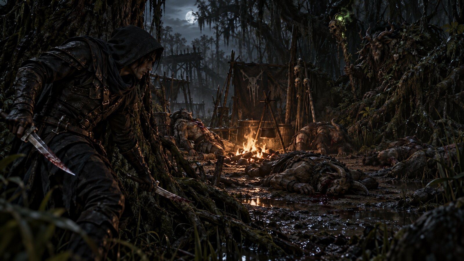 Asuran stalking the Beastmen camp while the Beastman druid waits beyond the firelight