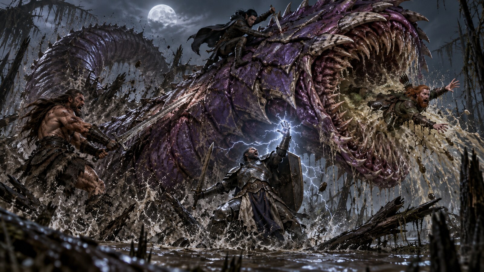 A colossal Purple Worm erupts into the Beastmen camp as the party fights in the mire