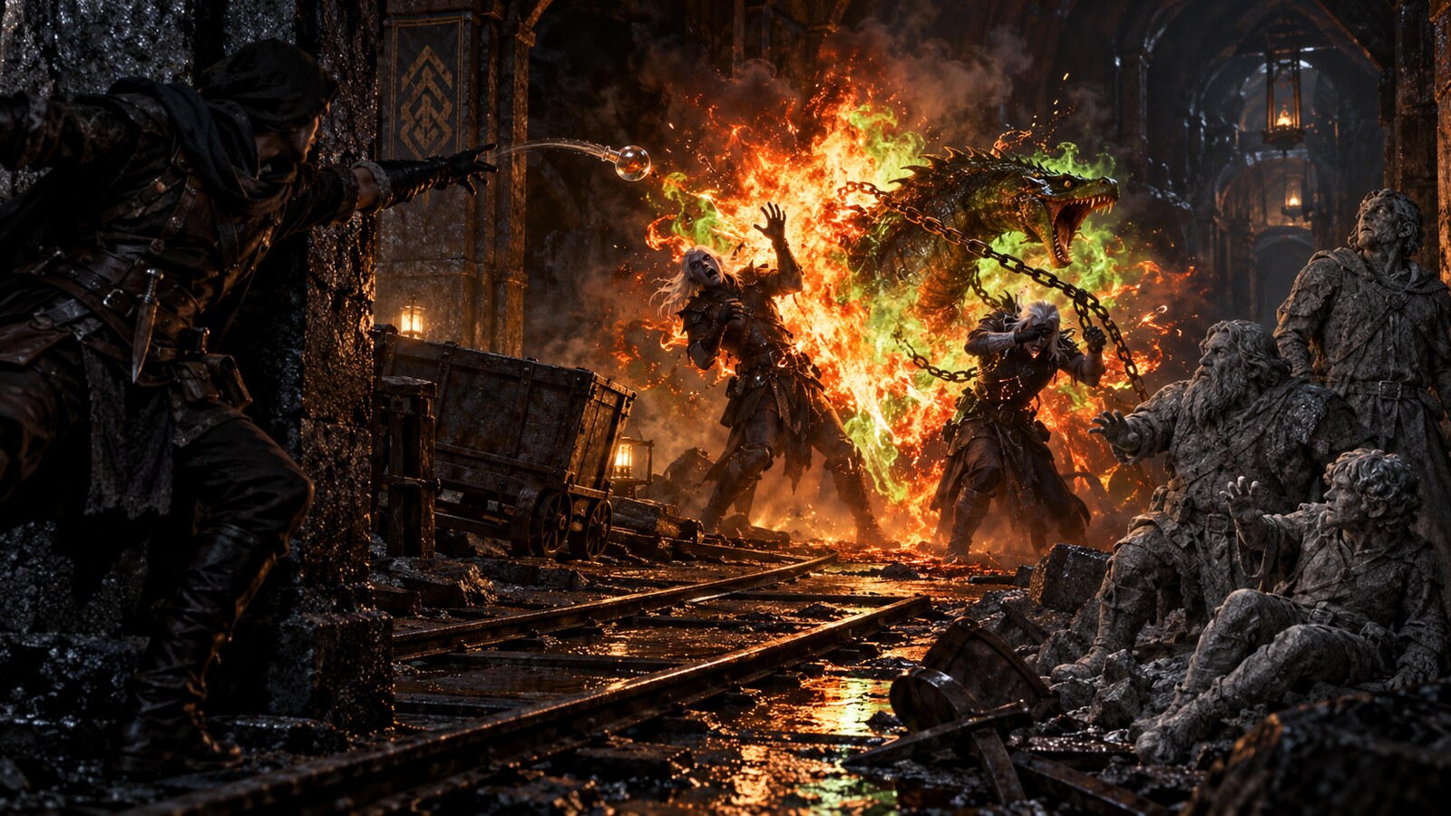 Asuran throws alchemist's fire from hiding toward the Drow and their chained basilisk