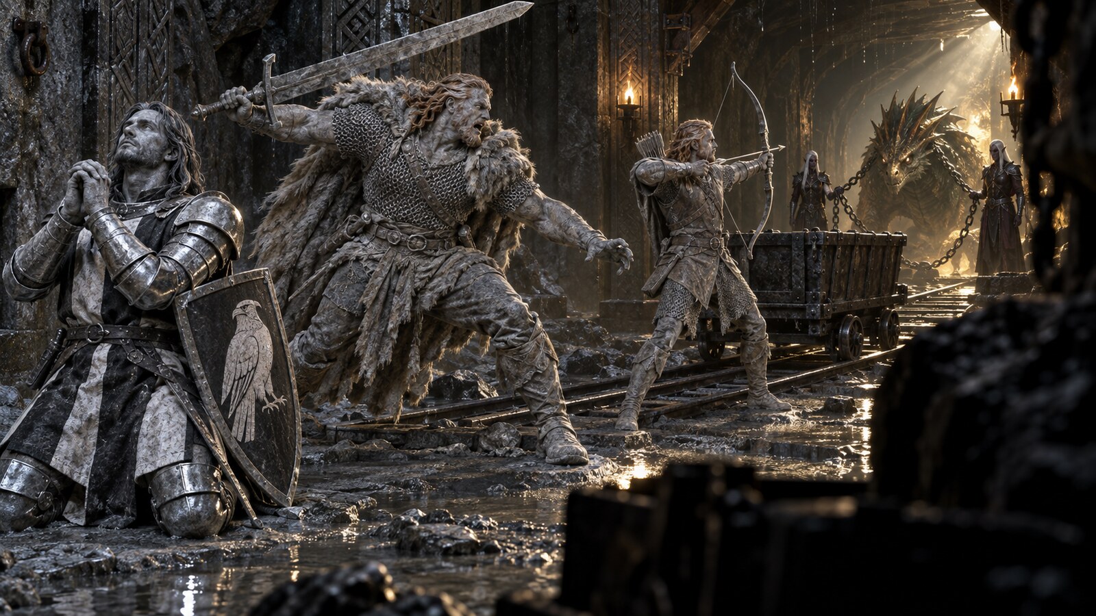 Karl, Halen and Toby petrified in the rail tunnel as the chained basilisk watches from beyond