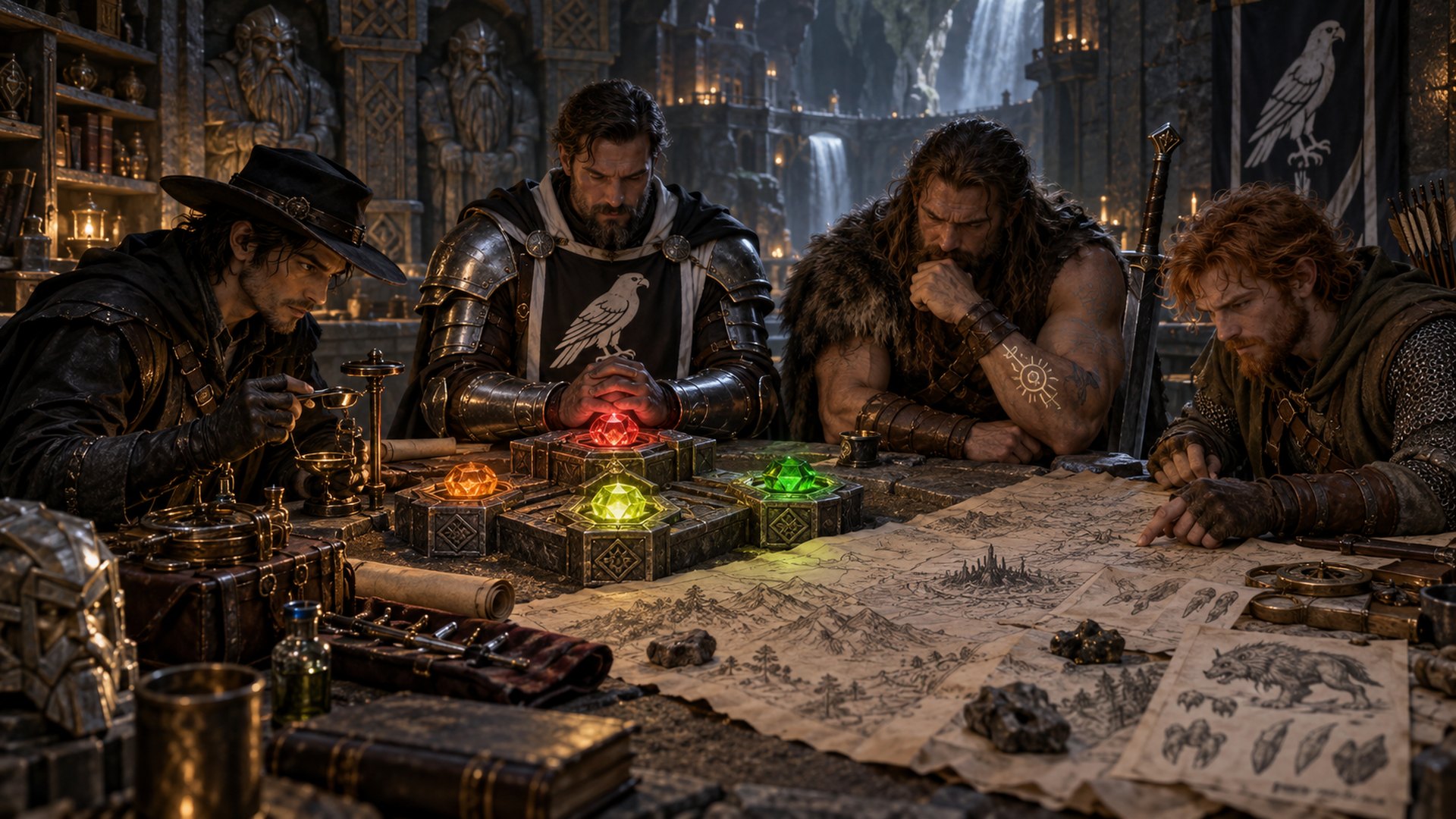 Asuran, Karl, Halen and Toby study coloured divine gems and maps in an ancient dwarven chamber