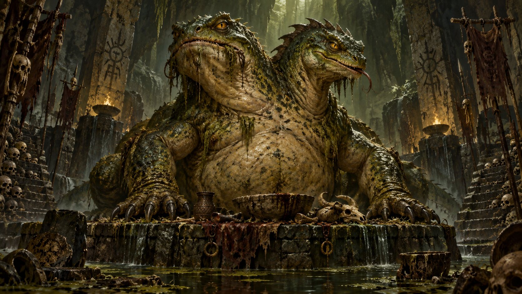 The bloated two-headed reptilian avatar of Laogzed enthroned in a decaying underground shrine