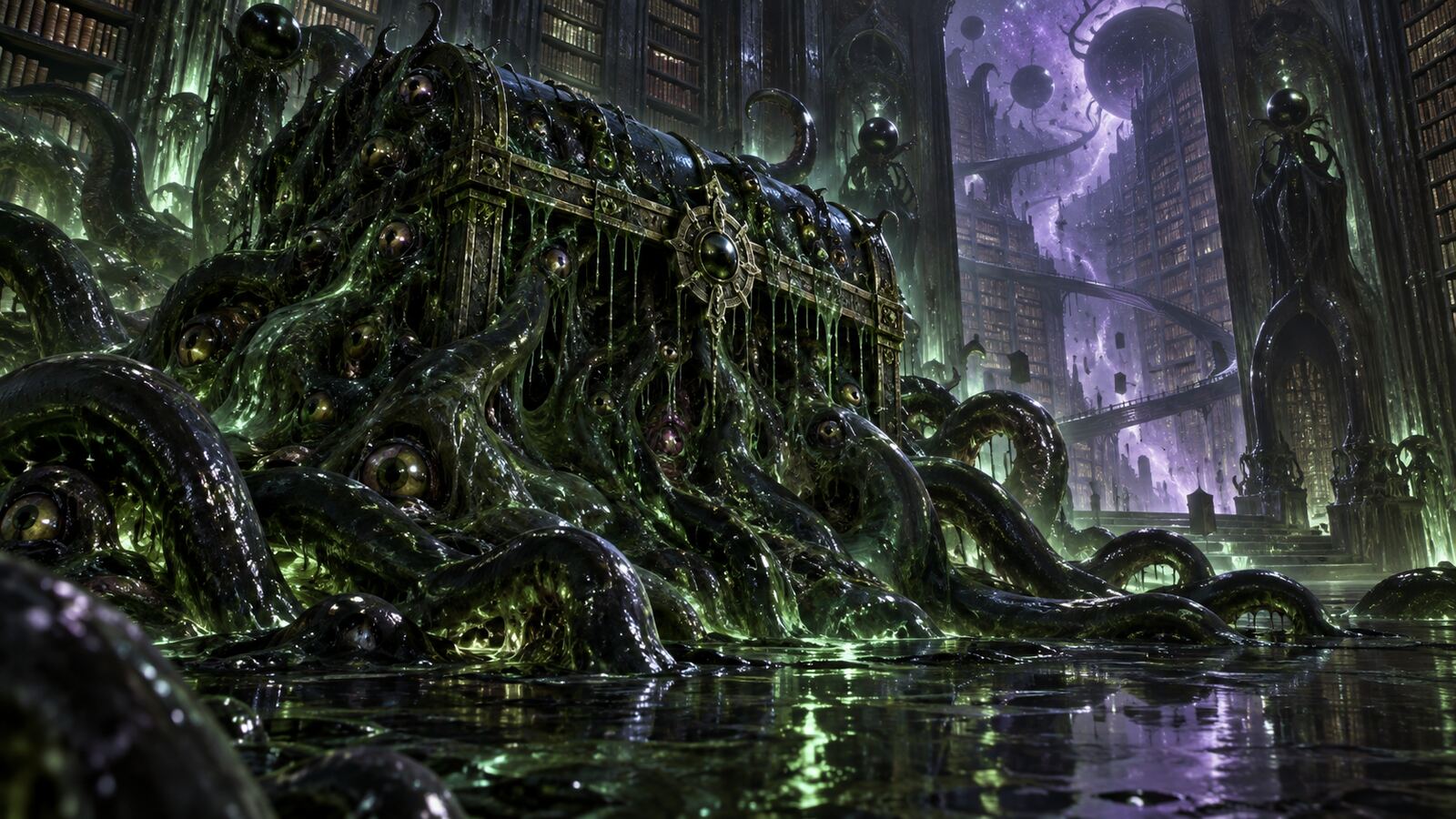 The chest-like slime avatar of Ghaunadaur at the threshold of the Library of All Knowledge