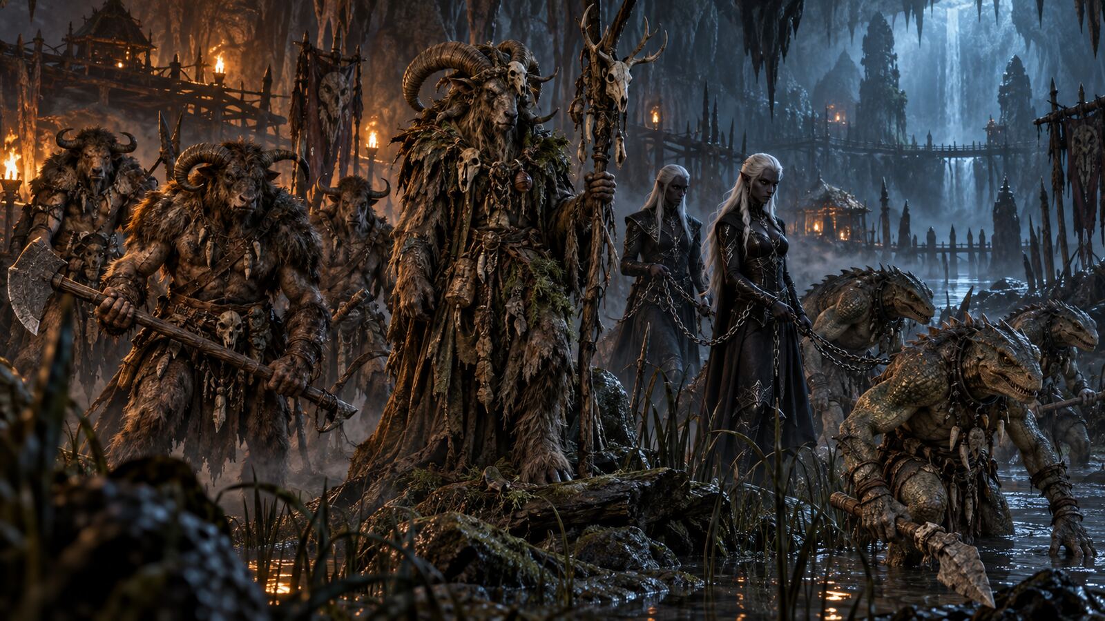 Horned Beastmen, a Beastman druid, two Drow handlers and reptilian troglodytes in an underground marsh