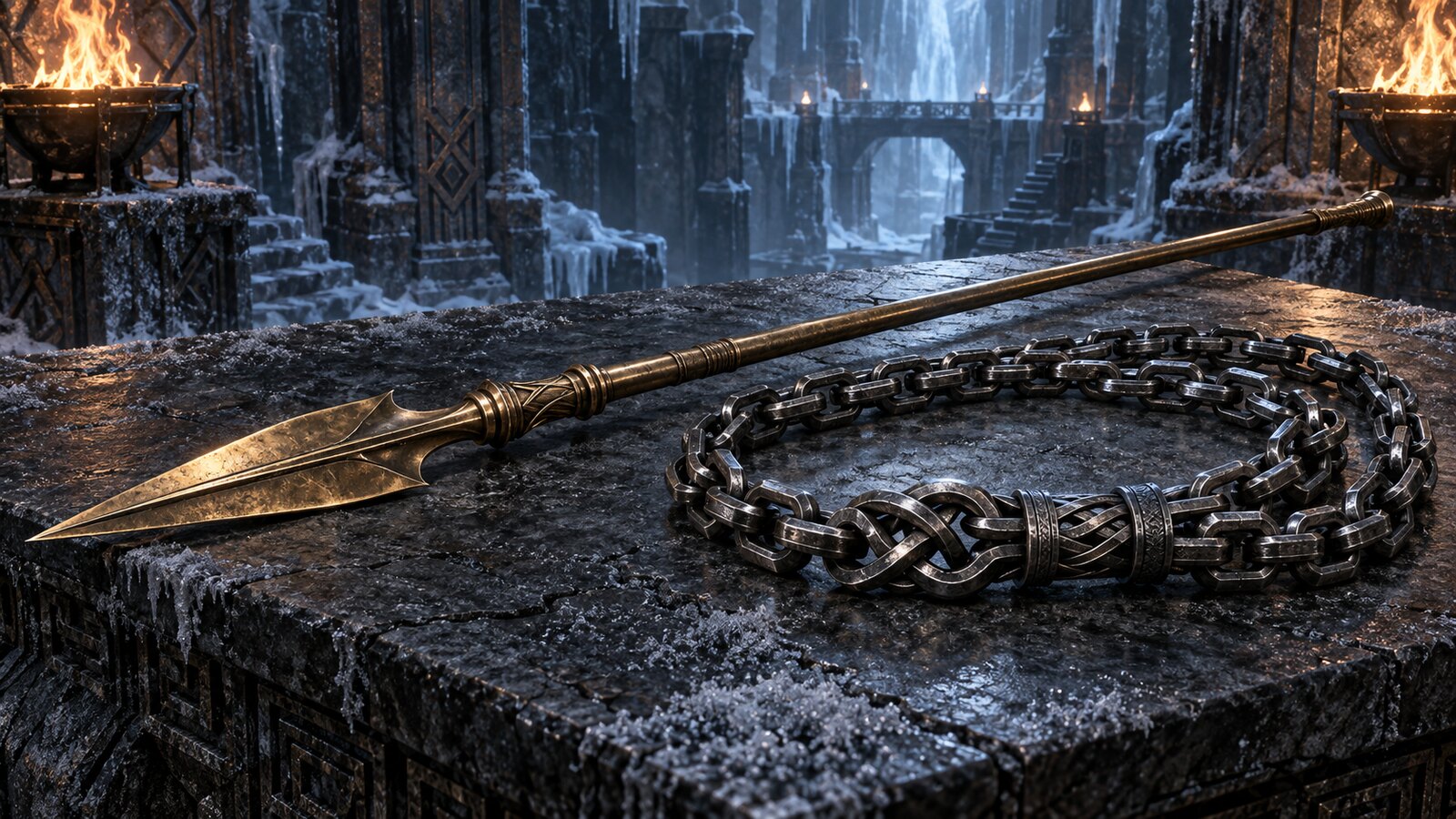 Asuran's masterwork brass longspear and ingenious adamantine chain-and-lock on a frozen temple table