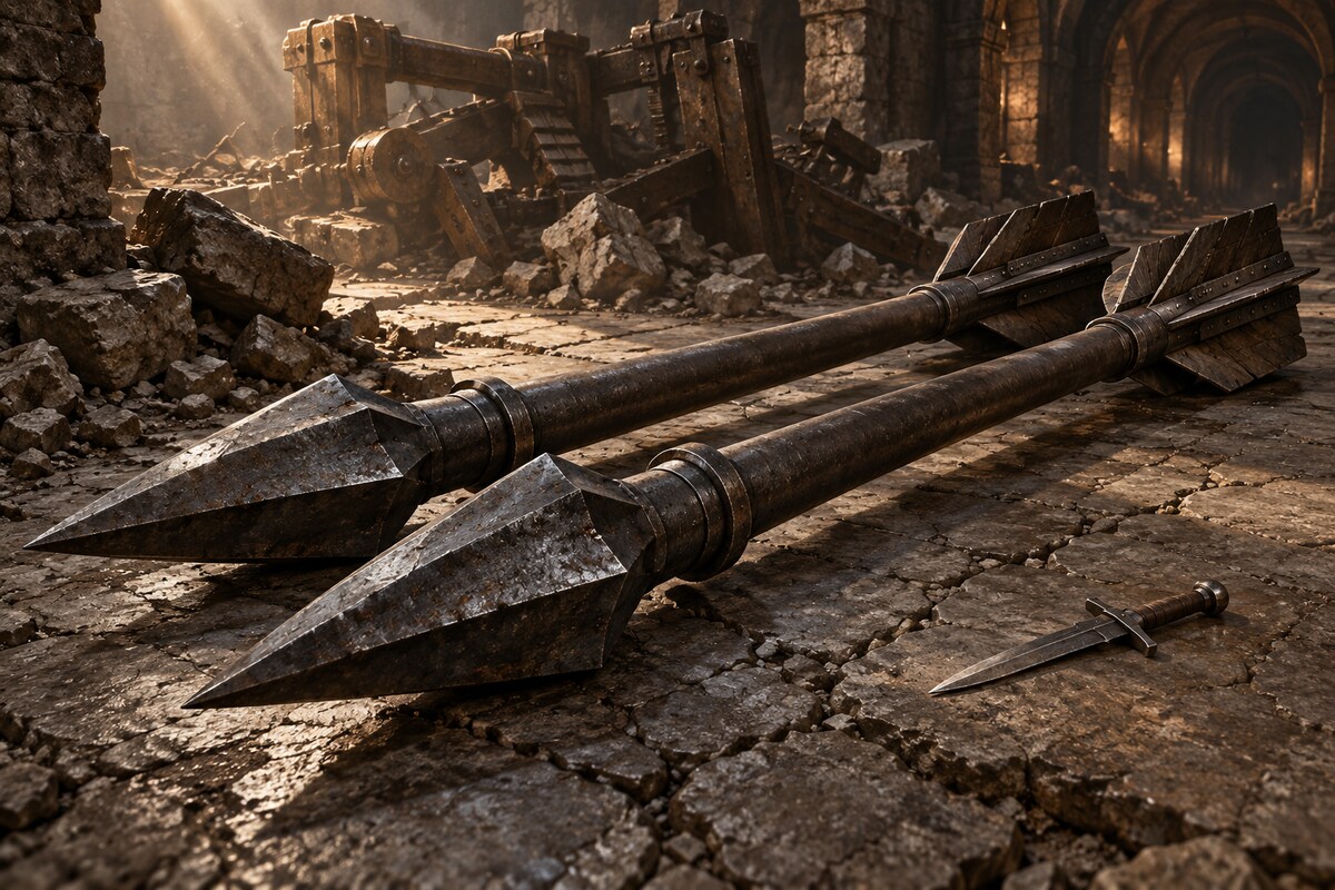 Two enormous unused iron ballista bolts laid before the disabled self-loading machine