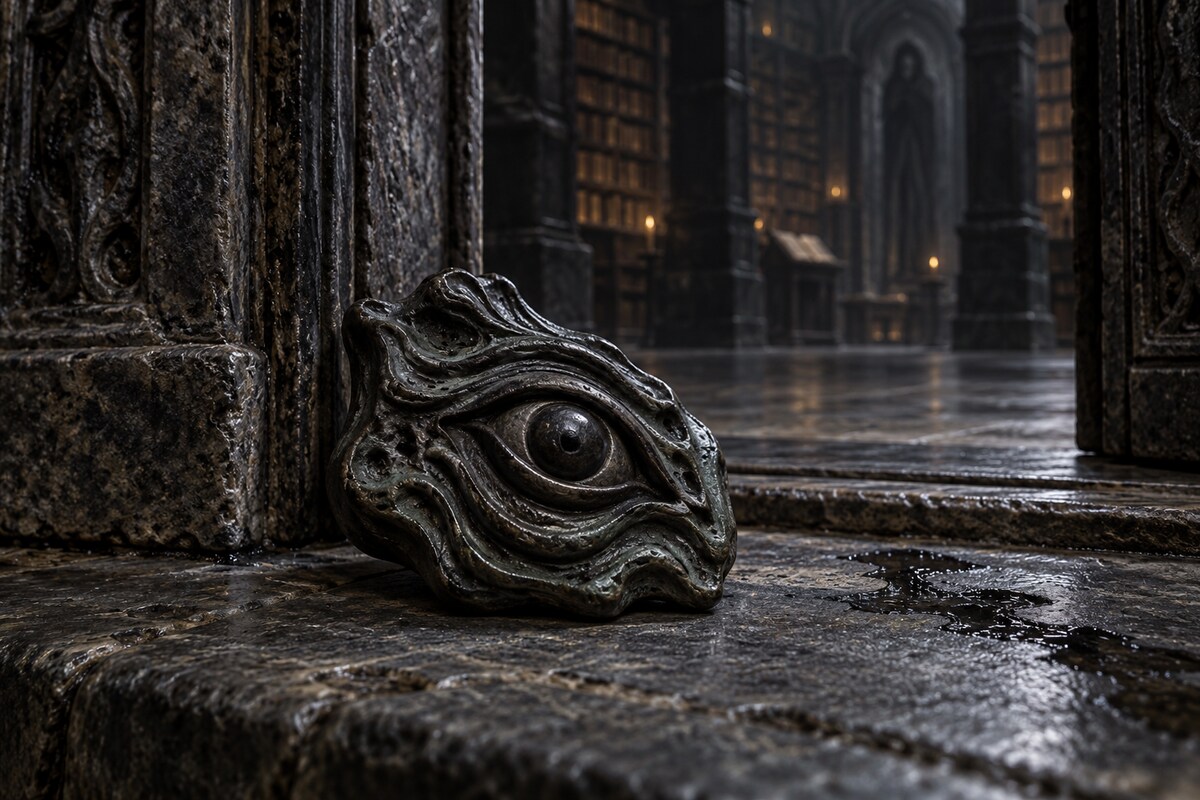 A dark eye-shaped stone and metal emblem resting on the threshold of the ancient library