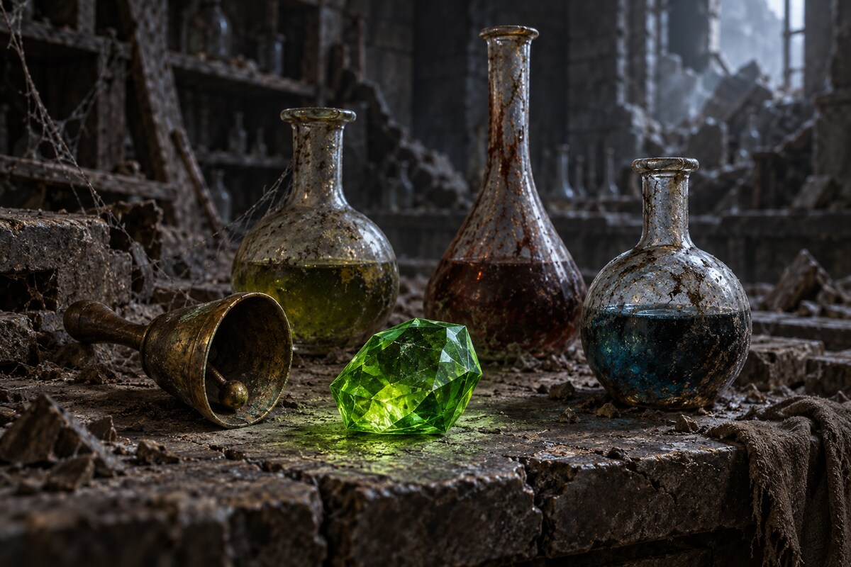 A lime-green gem, tarnished brass bell and three intact alchemical flasks on a ruined laboratory bench