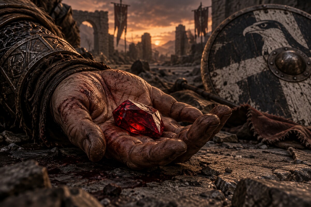 The deep red divine-linked gem resting in the dying dwarven instructor's hand beside Karl's falcon shield