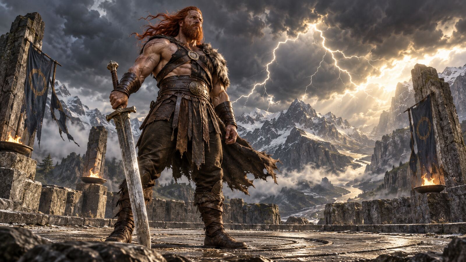 Kord, a red-haired god of strength, standing beneath a lightning-filled mountain sky
