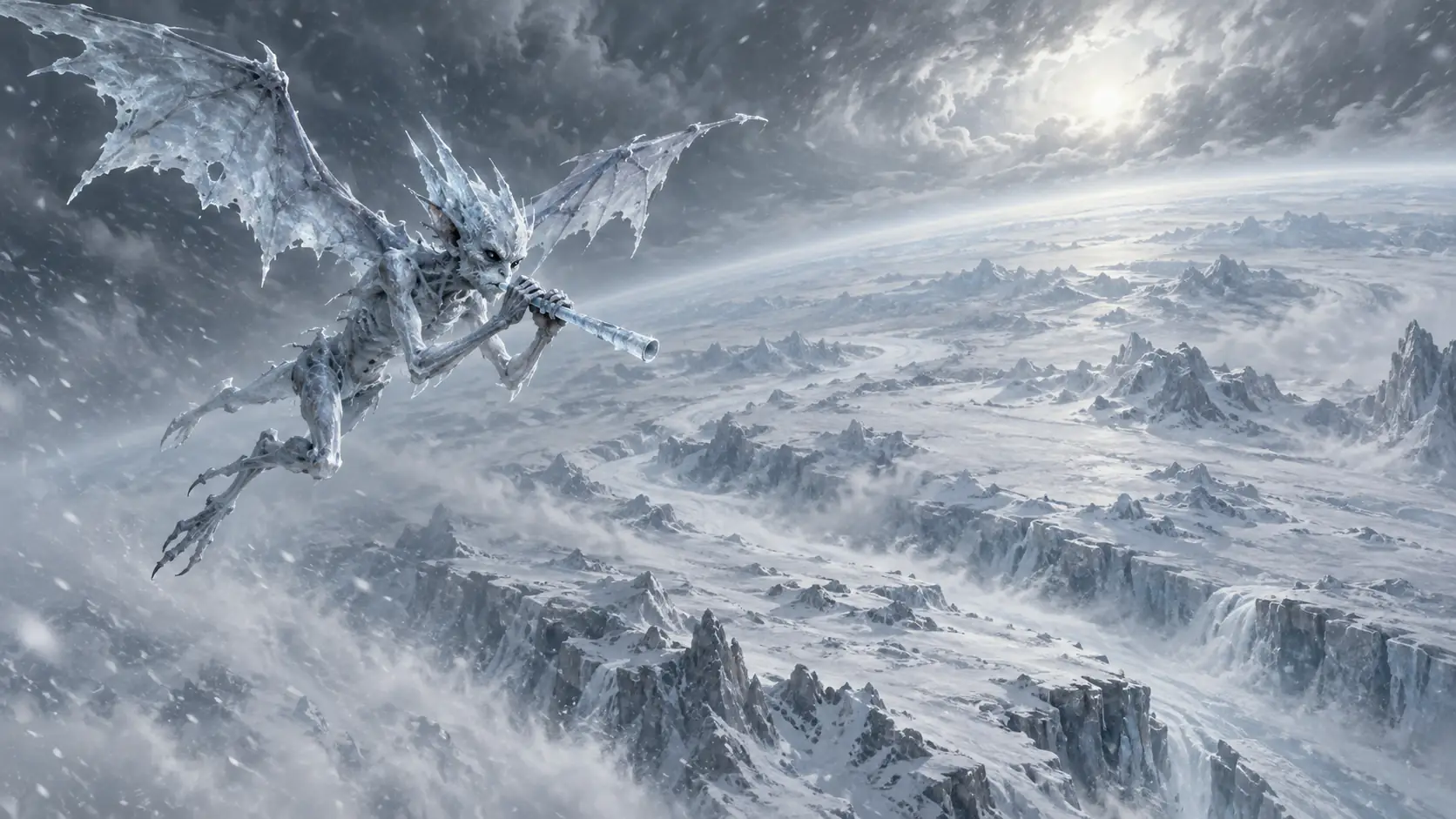 A spindly winged greater ice mephit flies through a whiteout holding a short icy blowpipe