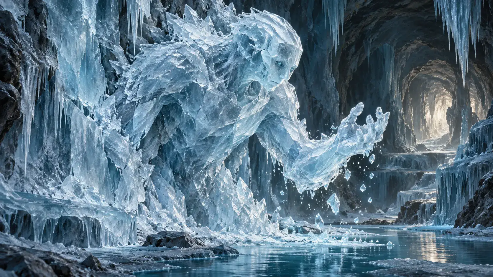 An immense translucent newborn ice elemental emerges from a frozen cavern wall, reaching toward fragments of its own body